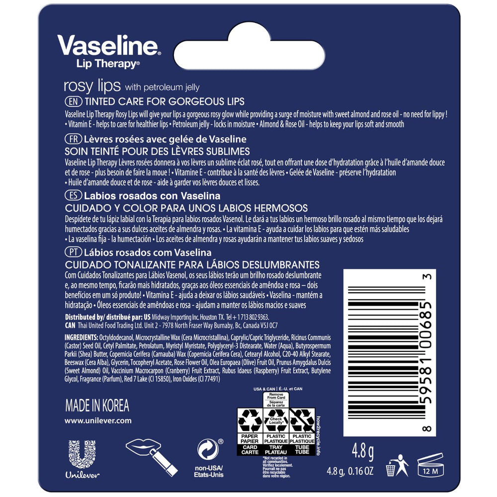 Bálsamo labial Vaseline Rosy tono rosado, brillo suave para labios naturales