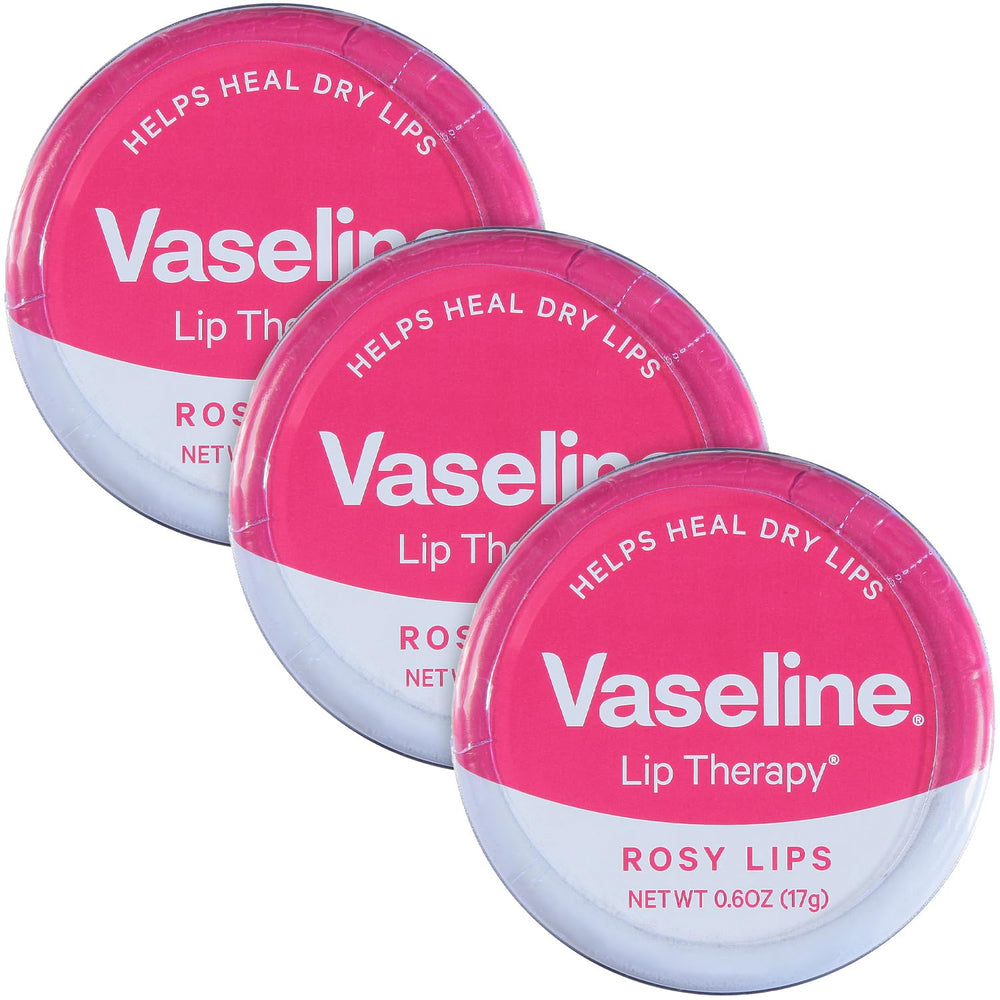 Vaseline Bálsamo Labios Rosados en lata, brillo suave para labios secos.