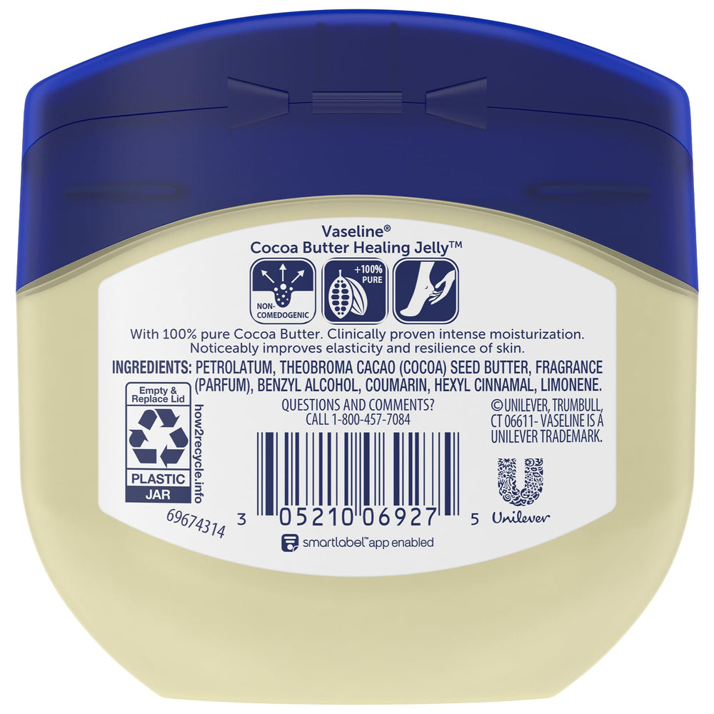 Vaseline Blueseal Jalea Cocoa, textura suave que calma y nutre piel áspera de codos y rodillas.
