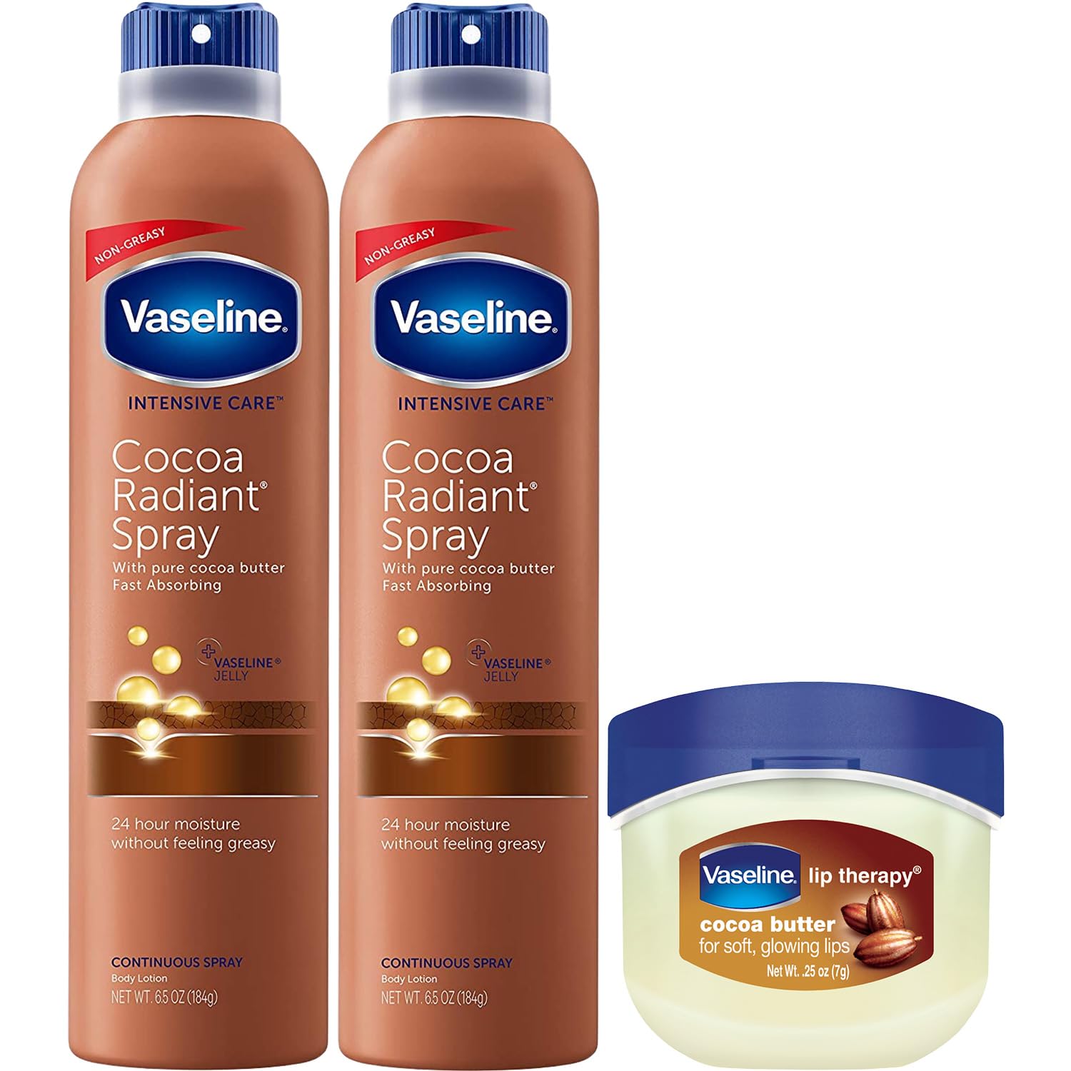 Vaseline loción corporal en aerosol con cacao radiante; aplicación en mano para piel suave