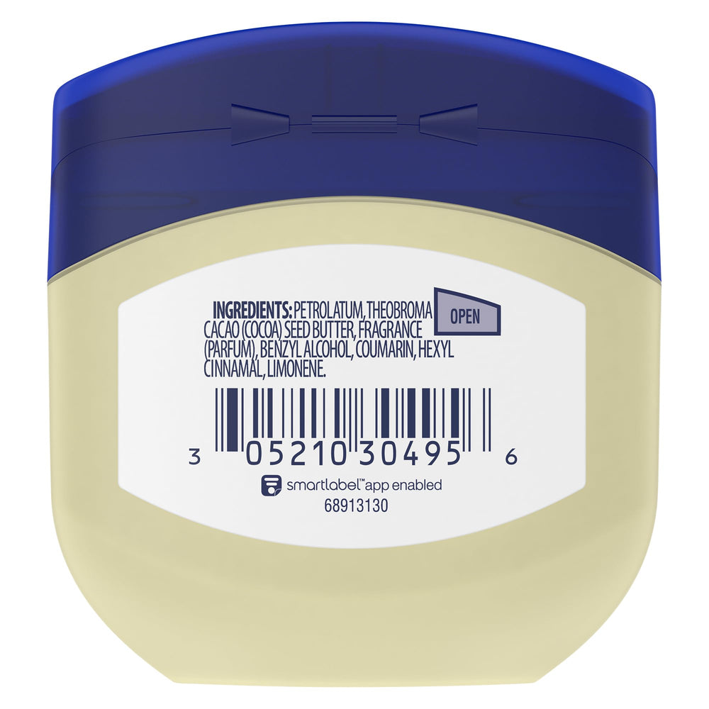 Textura cremosa de Vaseline Cocoa Butter Healing Jelly para hidratación suave.
