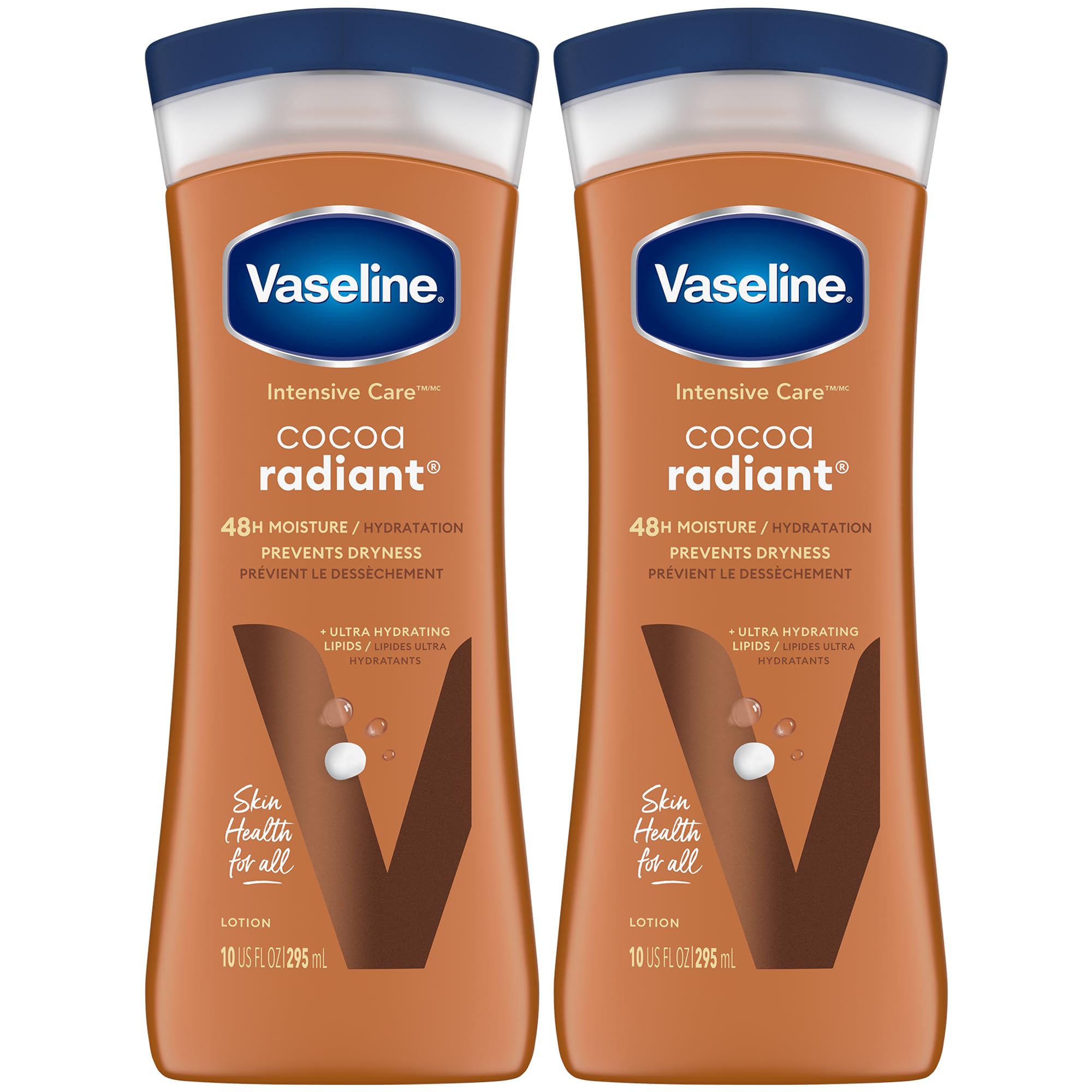 Vaseline Cocoa Radiant dos-pack botellas, cuidado intensivo para piel suave y duradera