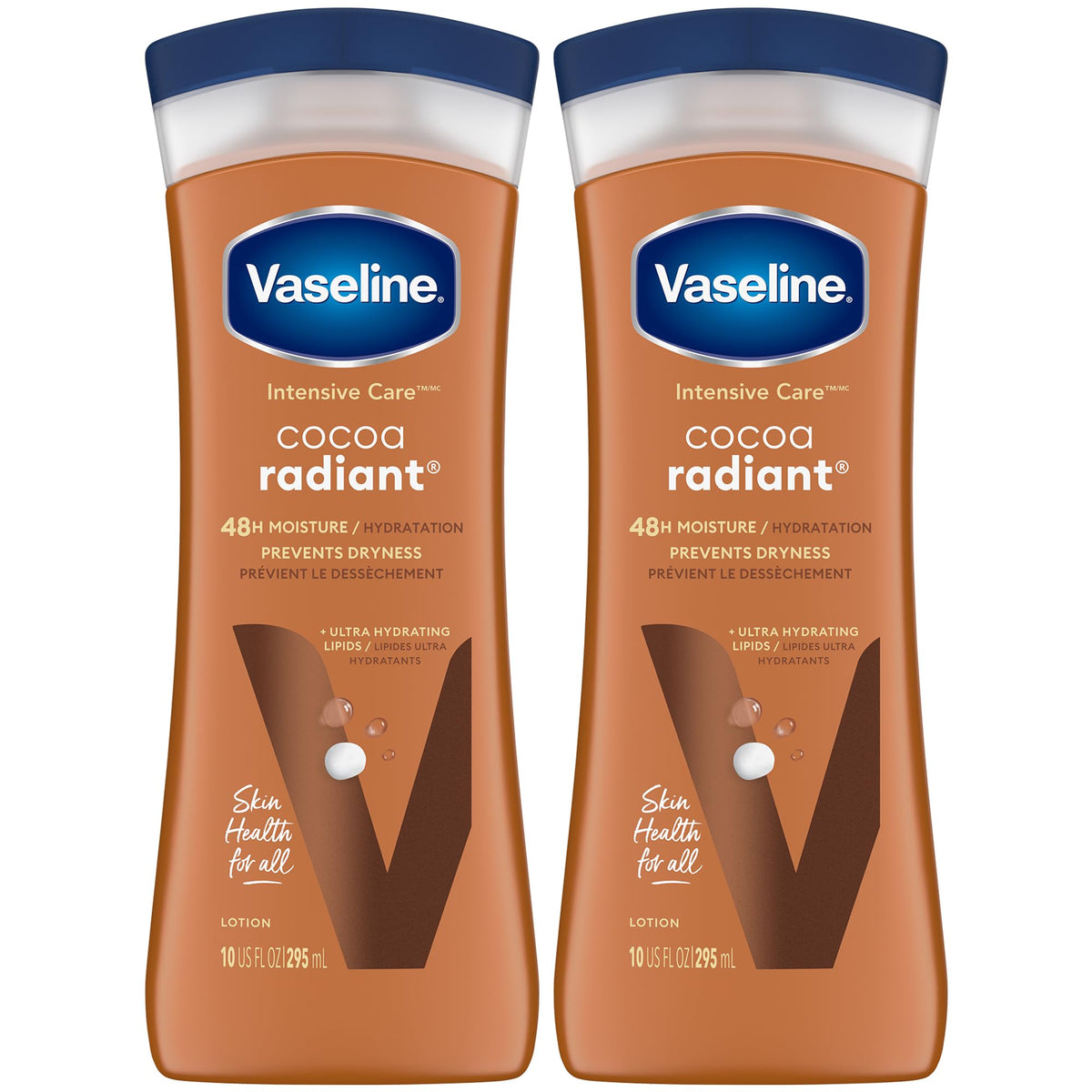 Vaseline Cocoa Radiant dos-pack botellas, cuidado intensivo para piel suave y duradera
