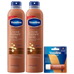 Vaseline Cocoa Radiant Spray 2-Pack display for quick, non-greasy hydration.