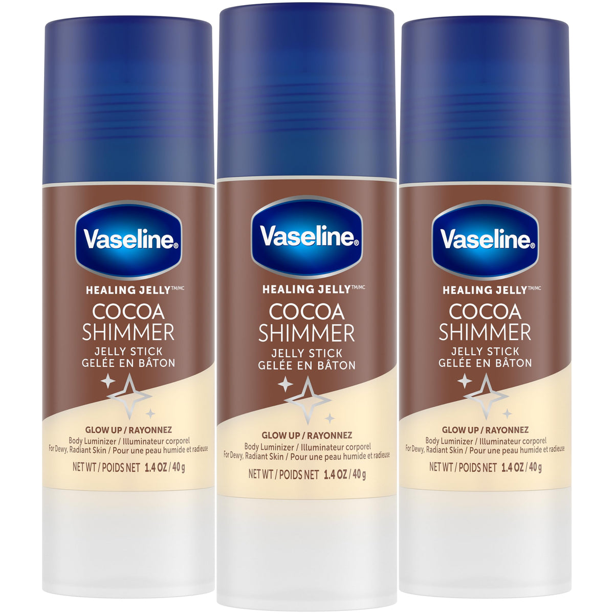 Vaseline Cocoa Shimmer Stick emballage pratique pour le sac et en déplacement.