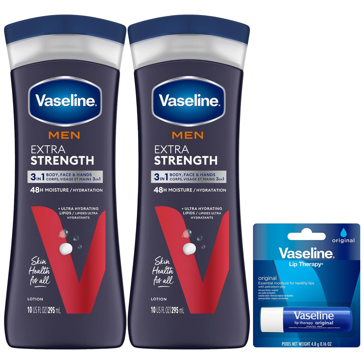 Vaseline Loción 3-en-1 para hombre hidrata cara, manos y cuerpo con absorción rápida.