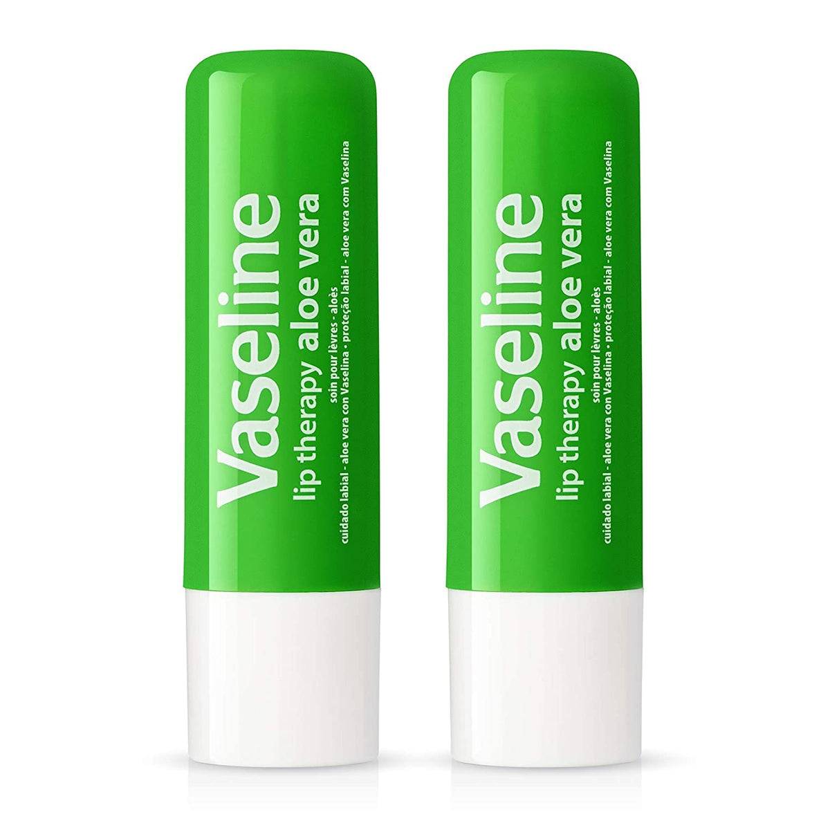 Vaseline Lip Therapy Aloe Care Twin Pack, frente del envase, hidratación suave para labios