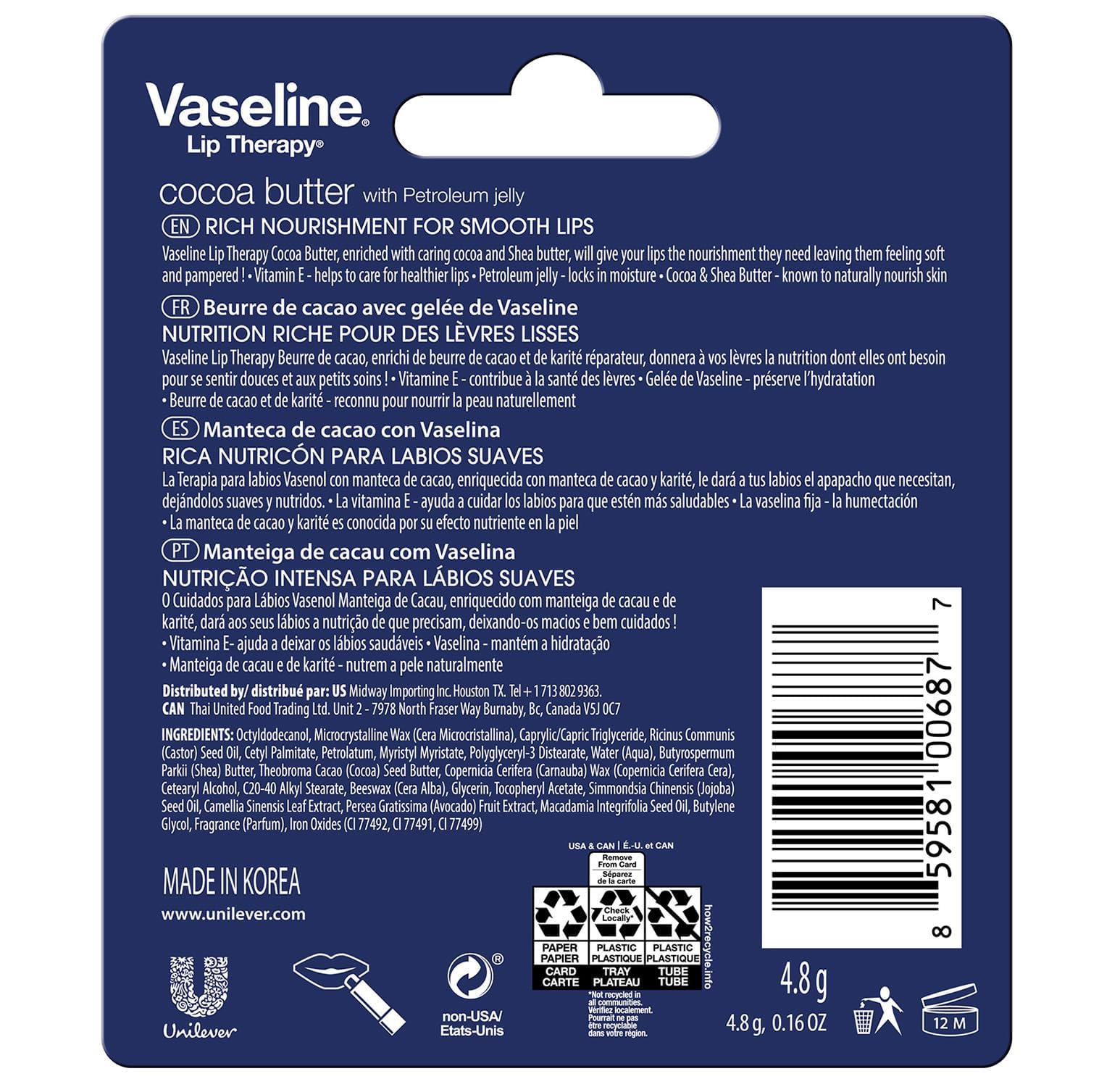 Vaseline Lip Therapy Cocoa Butter, dorso: protección discreta en cualquier ocasión.
