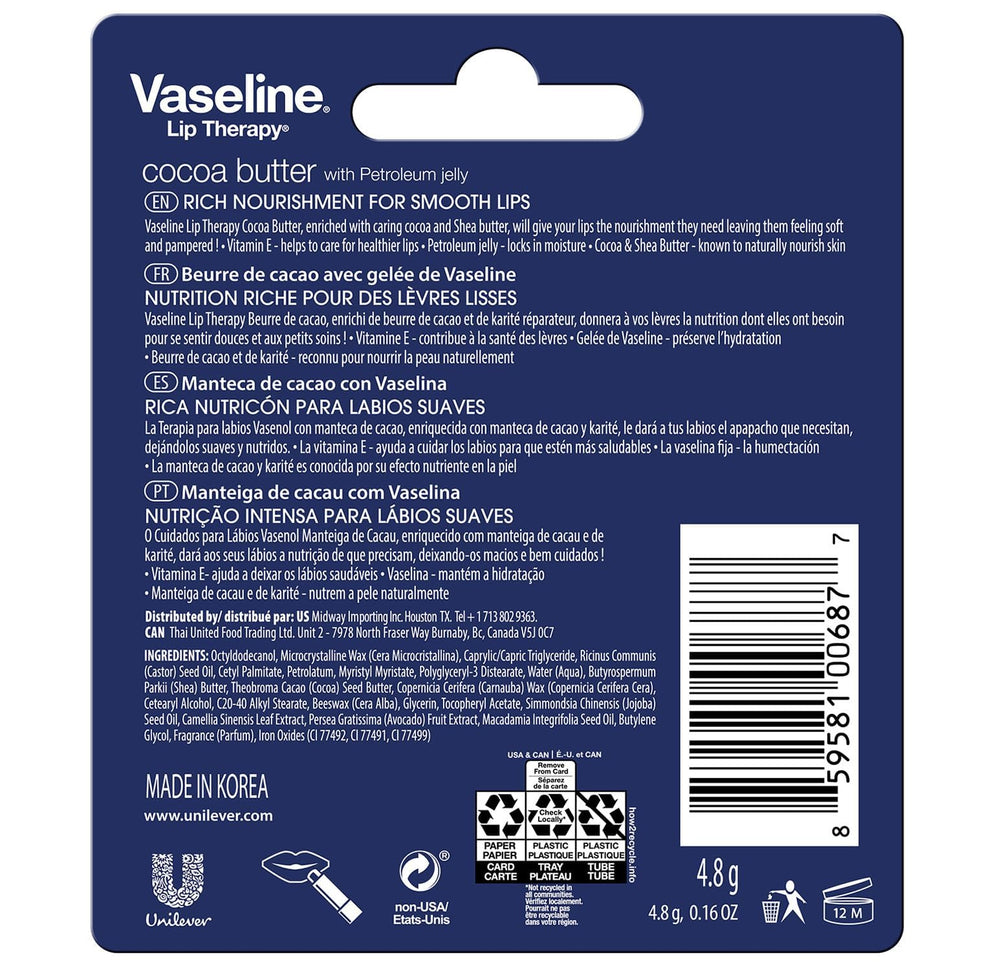 Vaseline Lip Therapy Cocoa Butter, dorso: protección discreta en cualquier ocasión.