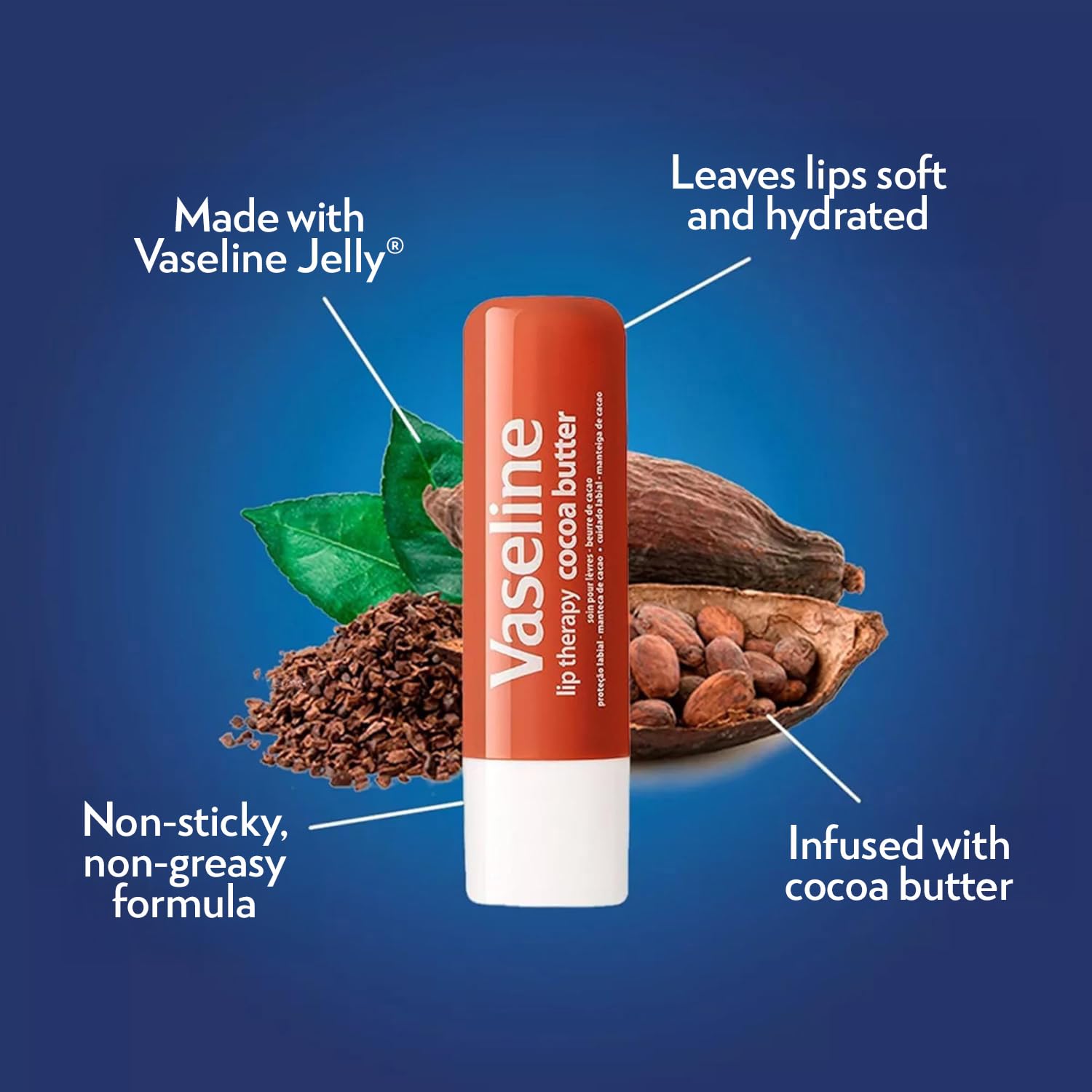 Vaseline Lip Therapy Cocoa Butter, detalle de empaque: bálsamo suave para labios.