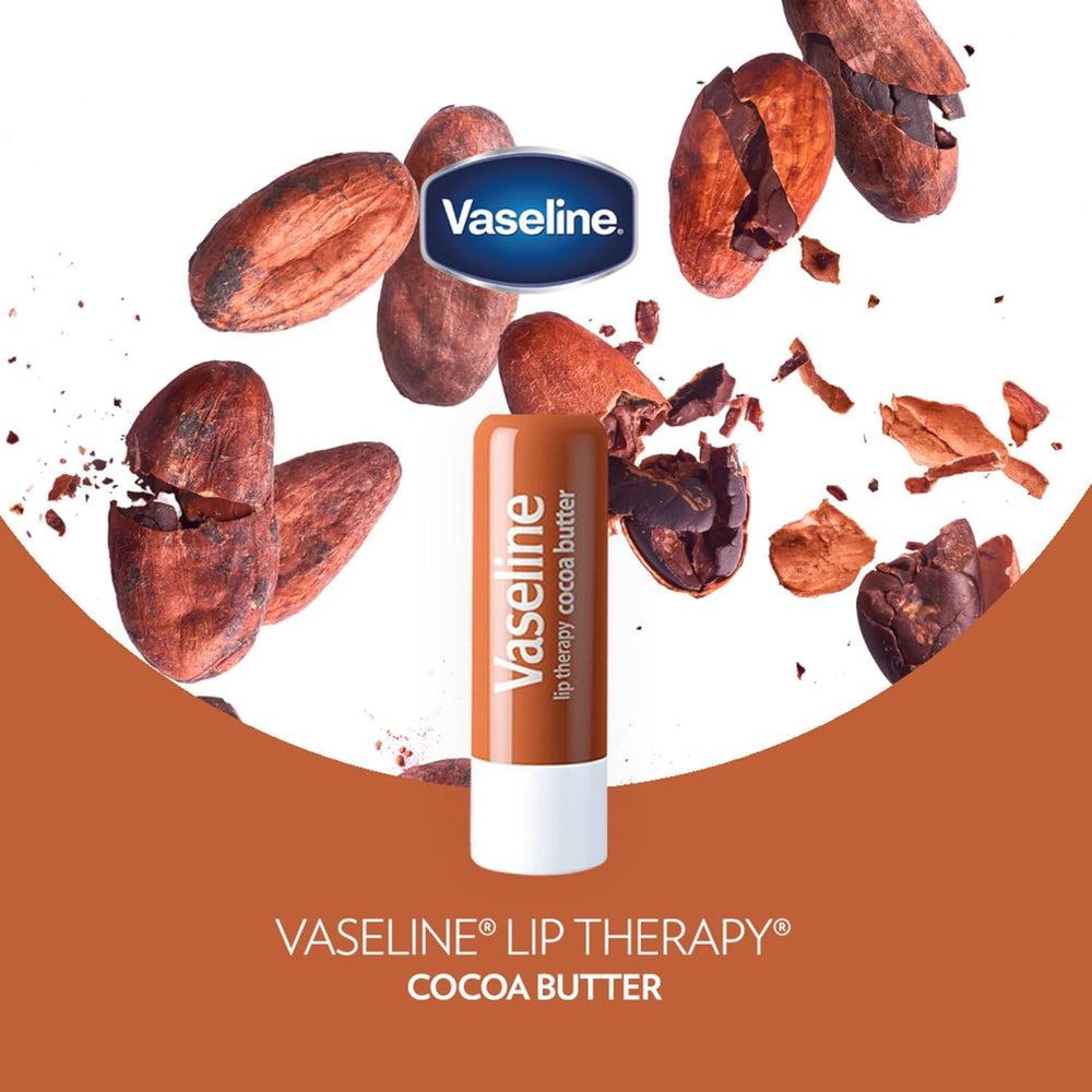 Vaseline Lip Therapy Cocoa Butter, bálsamo en primer plano: formato práctico para retoques.