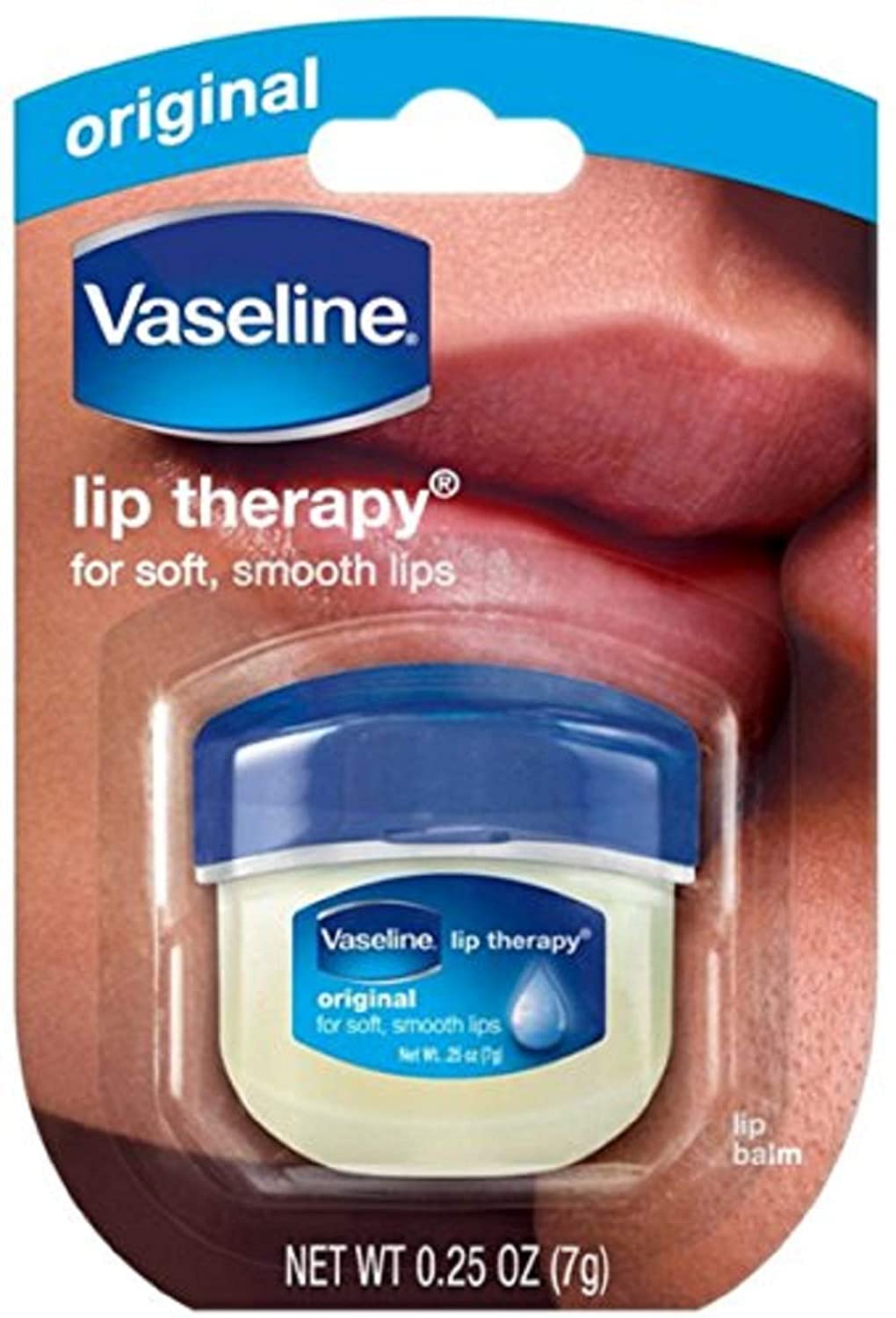 Vaseline Lip Therapy Original Mini: paquete frontal para labios hidratados.