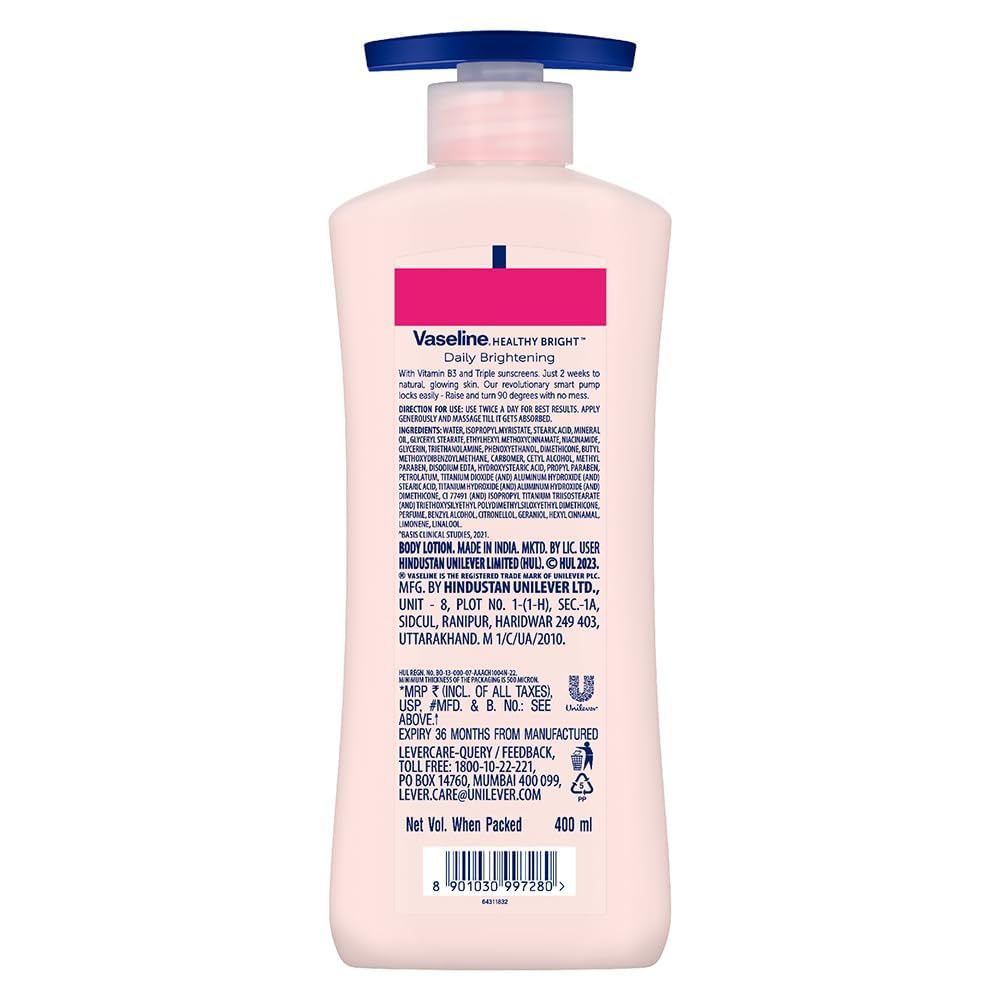 Vaseline loción corporal con vitamina B3, aplicación suave para piel hidratada