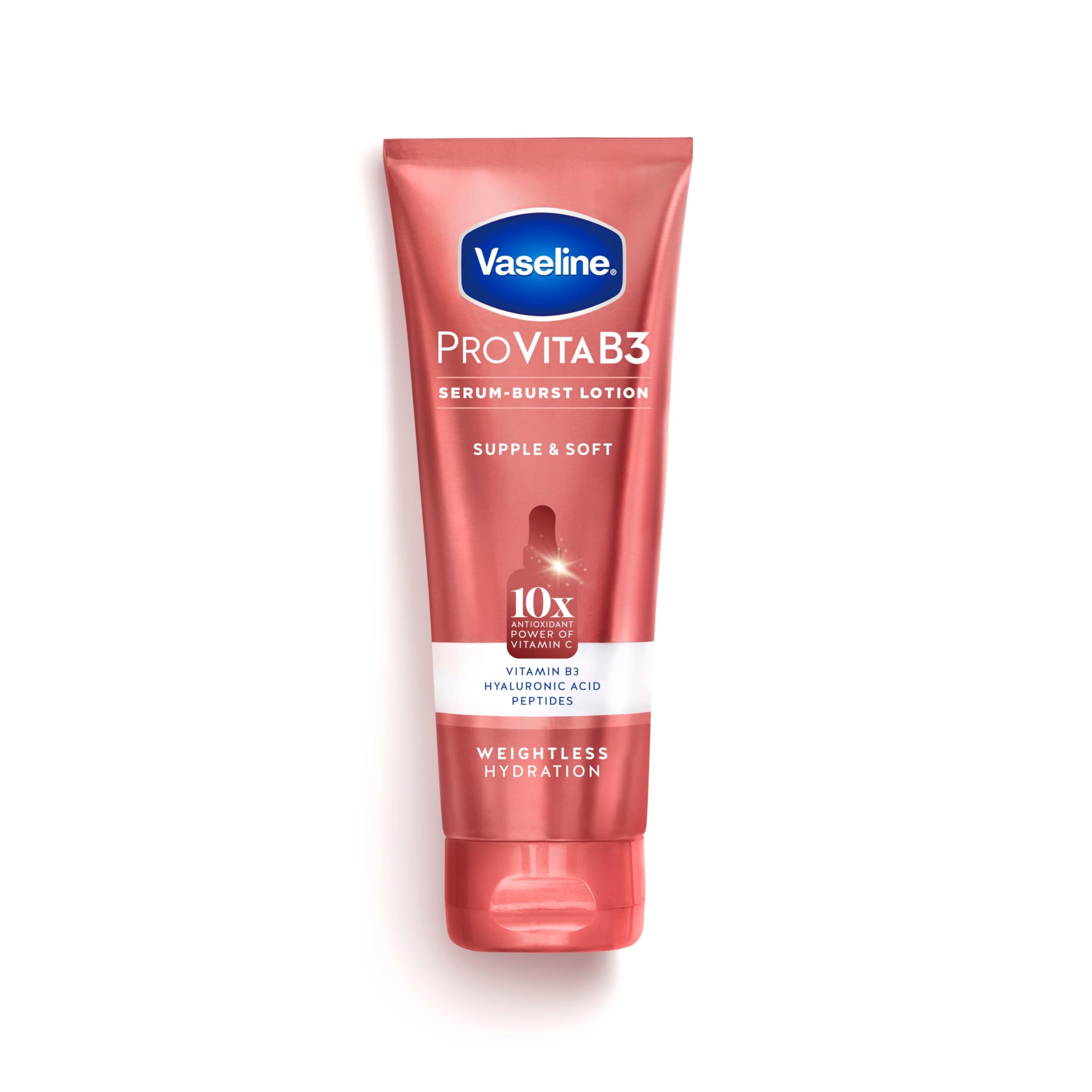 Vaseline Pro VitaB3 Serum Burst Loción Botella ofrece hidratación ligera y rápida absorción.