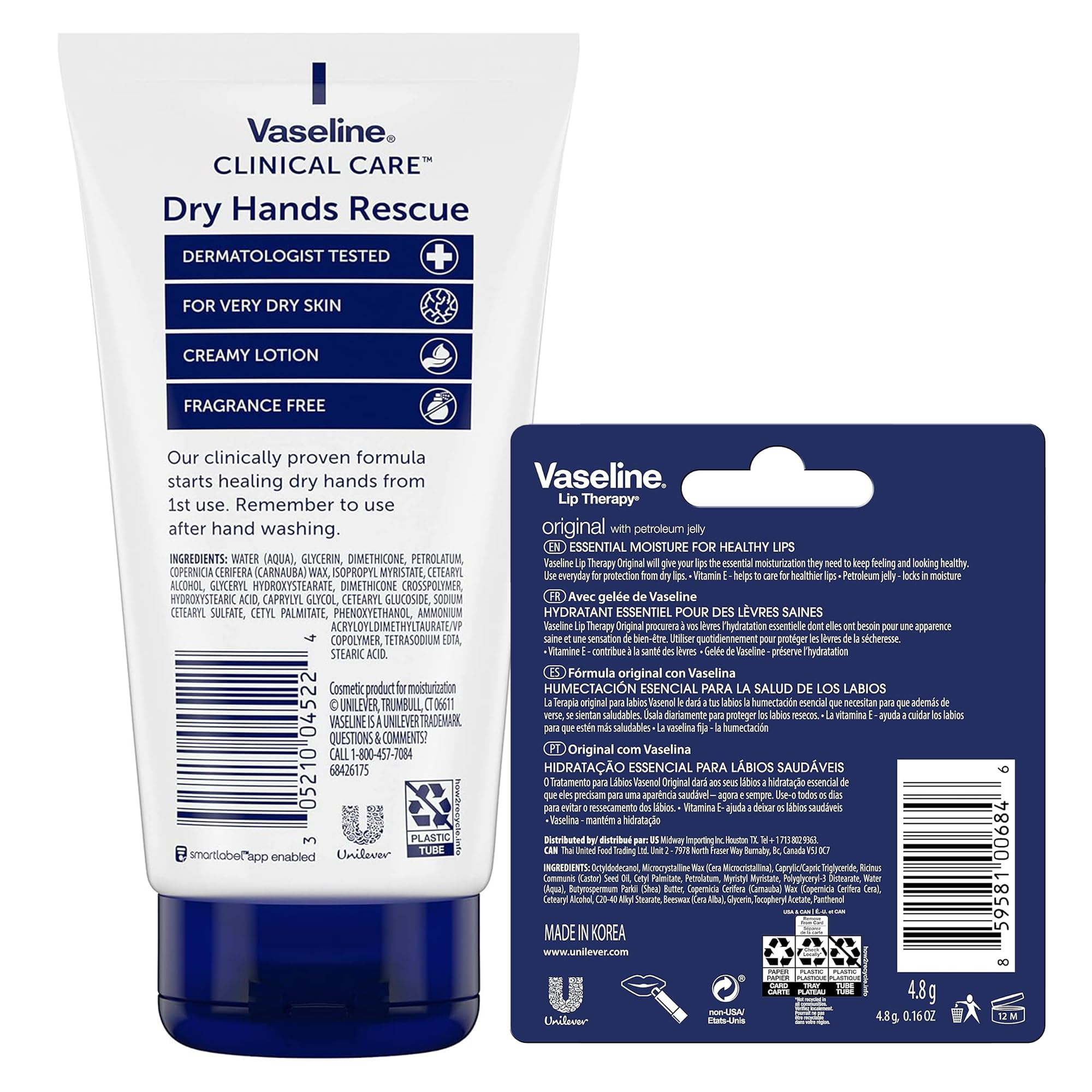 Vaseline Terapia Labial Original, hidratación duradera para labios secos.