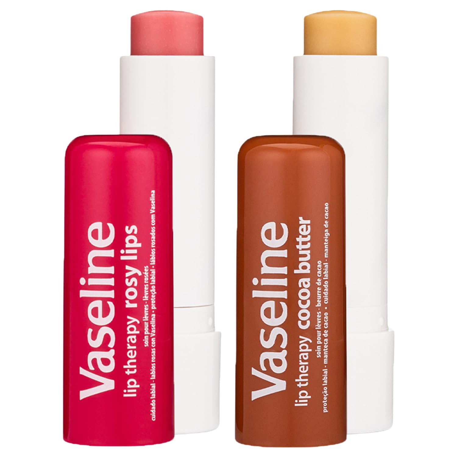 Terapia labial Vaseline variedad cuatro-pack en empaque compacto para viaje.