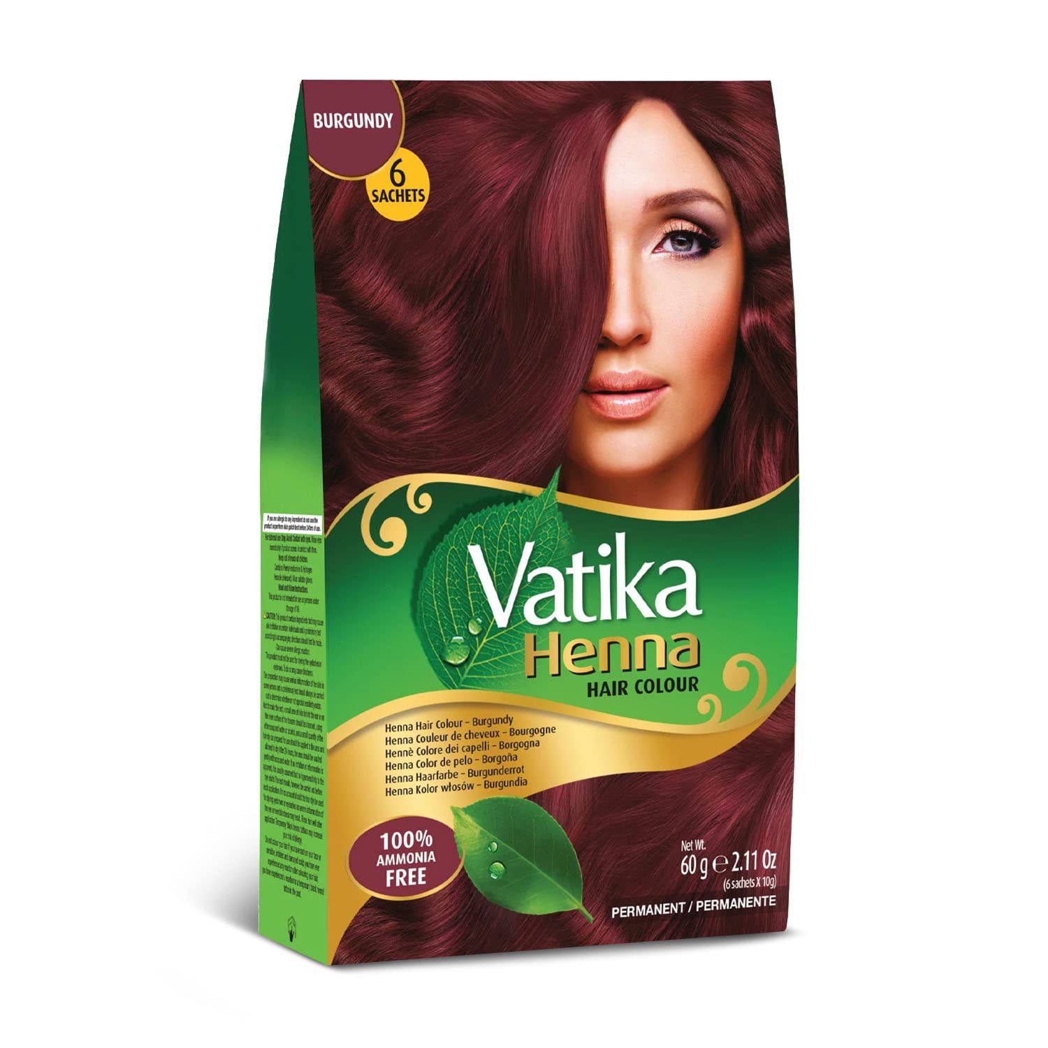 Vatika Naturals: tinte permanente granate en botella para color intenso y duradero.