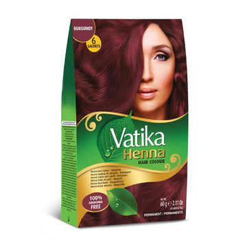 Vatika Naturals: tinte permanente granate en botella para color intenso y duradero.