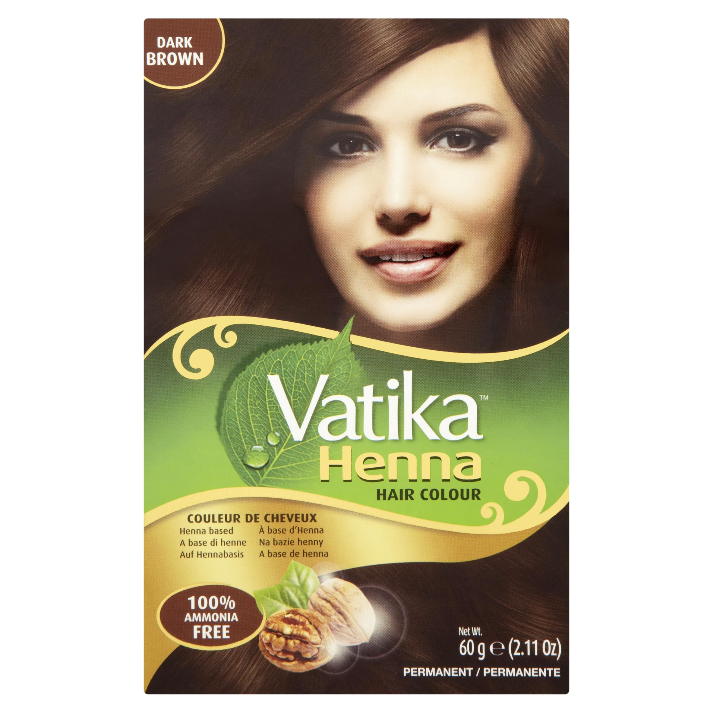 Vatika Naturals tinte permanente marrón oscuro para cobertura de canas y brillo.