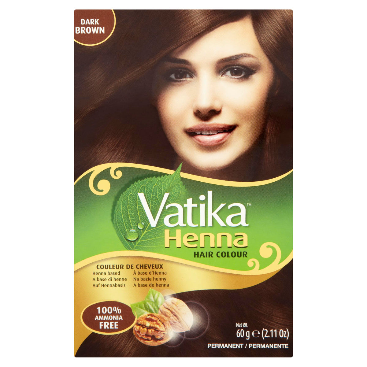Vatika Naturals tinte permanente marrón oscuro para cobertura de canas y brillo.