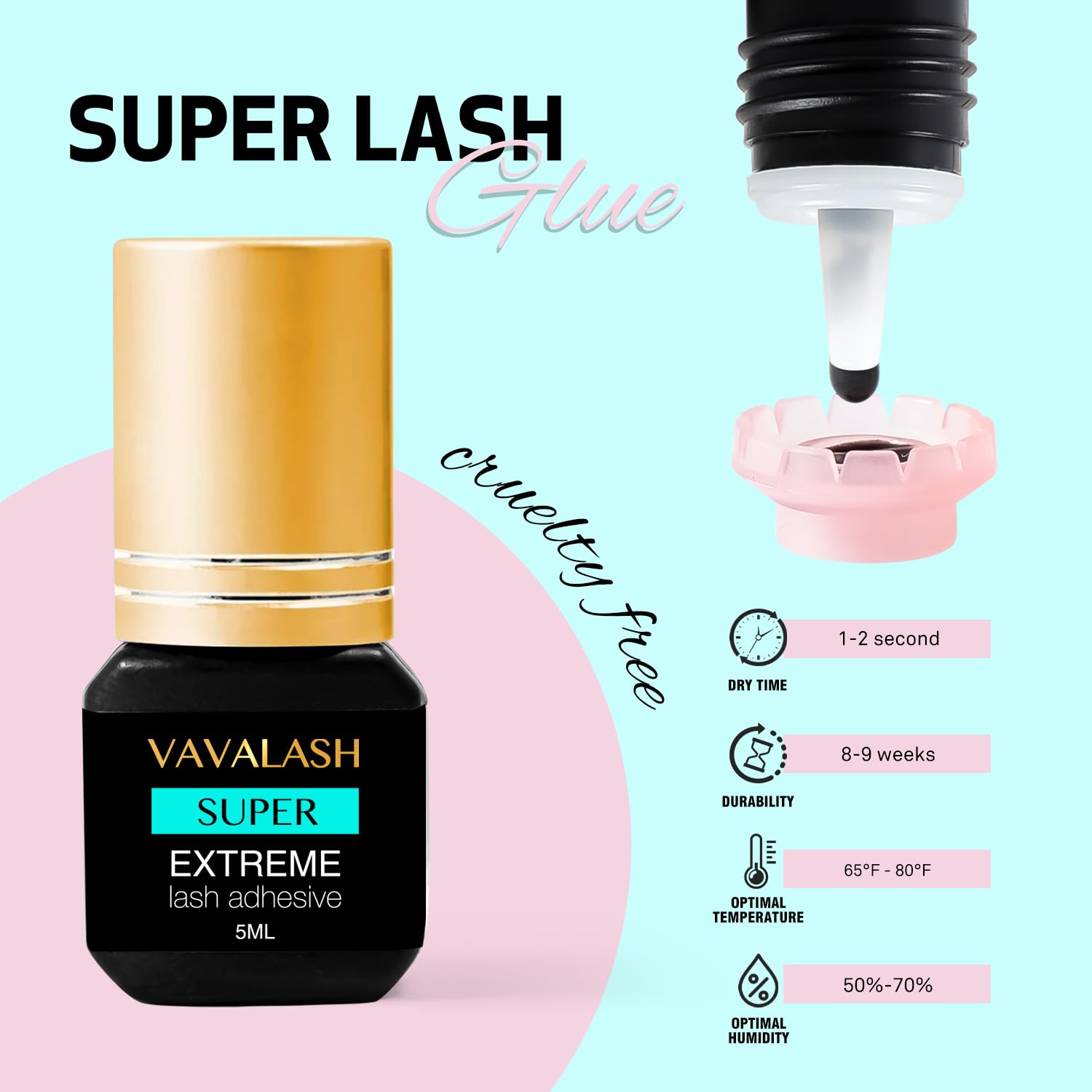 Pegamento VAVALASH para pestañas en color negro sin residuos visibles.