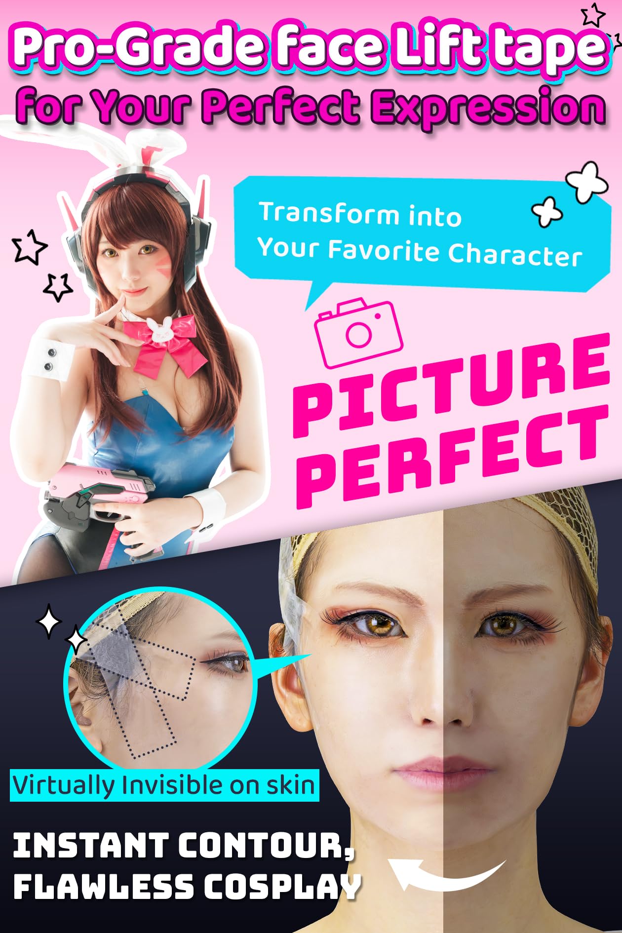 Vectill cinta elevadora cosplay, adhesivo suave para piel sensible durante horas