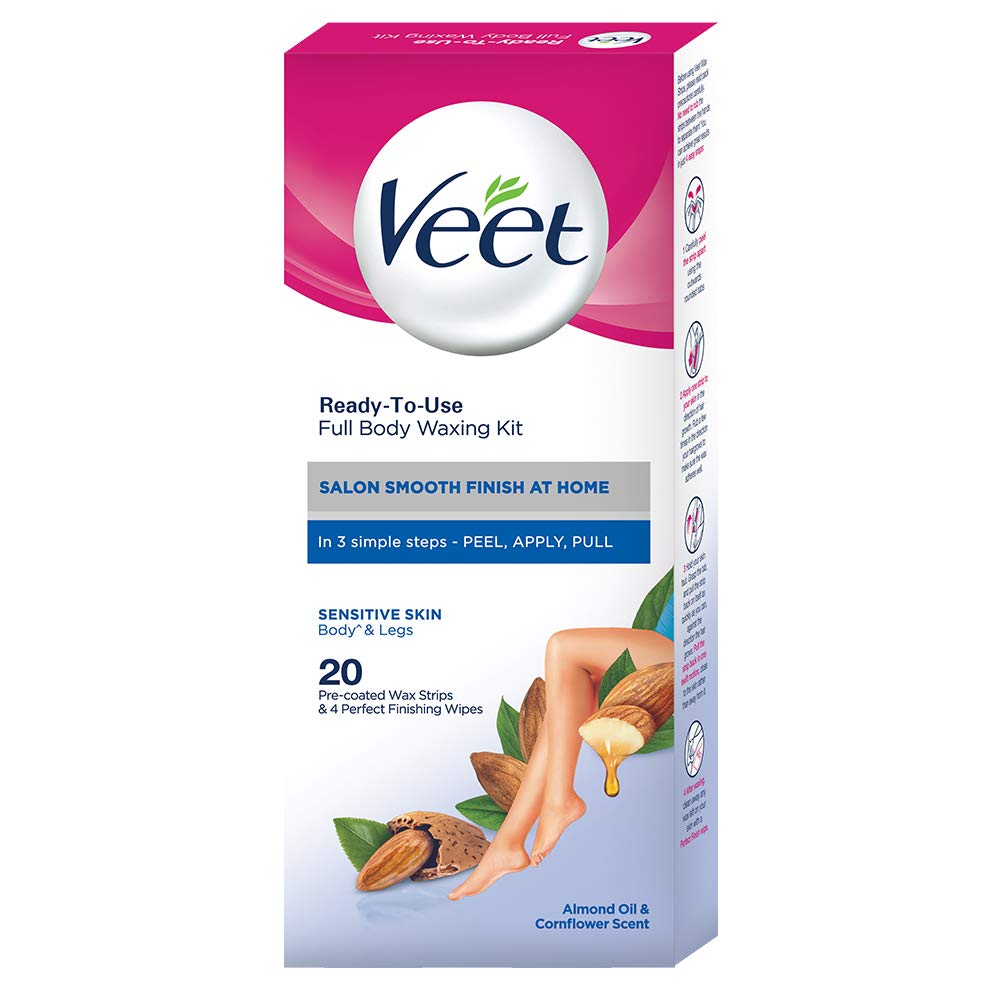 Kit Veet con tiras de cera fría para piel sensible en el cuerpo, depilación rápida y cómoda.