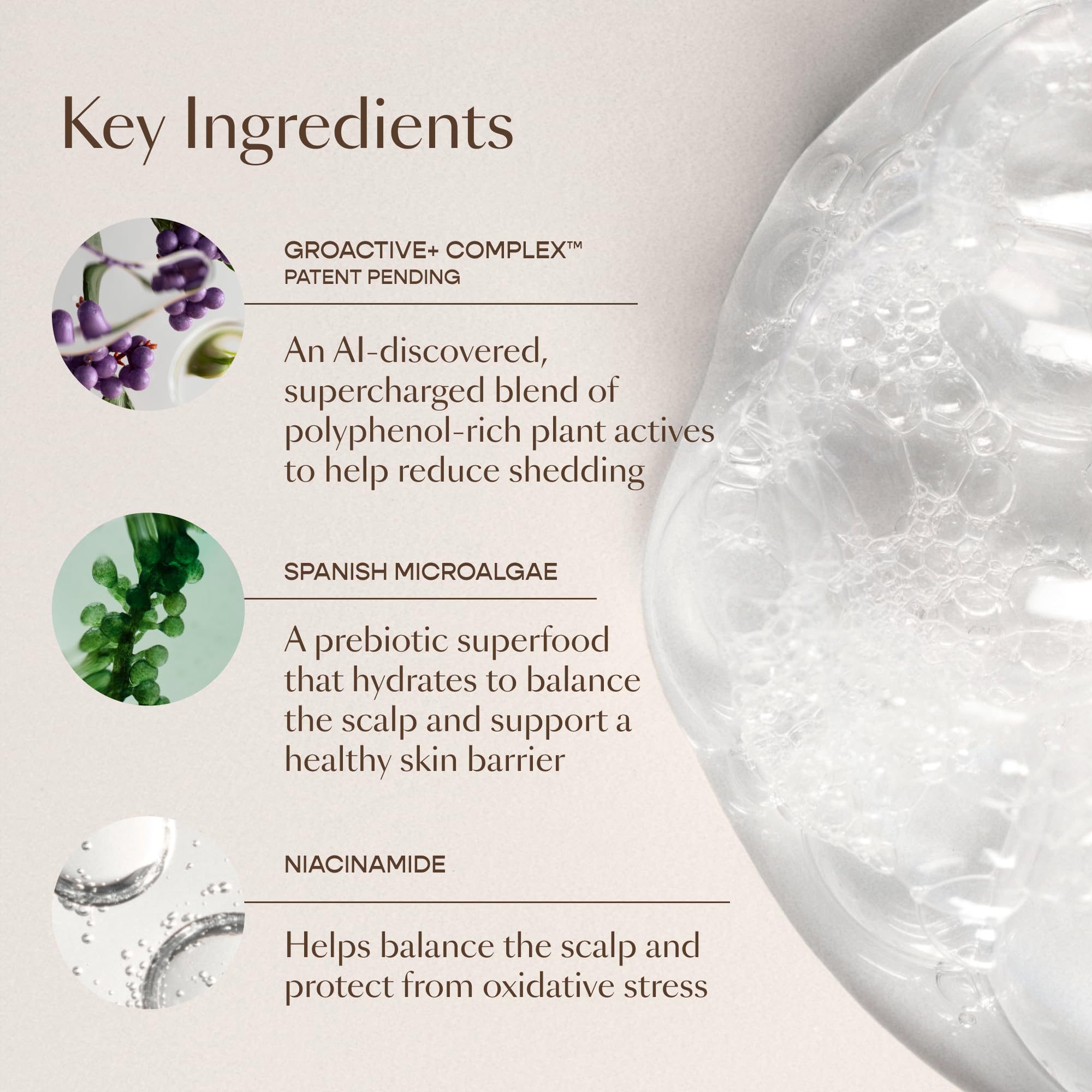 VEGAMOUR GRO+ Ingredientes clave benefician cabello y cuero cabelludo.