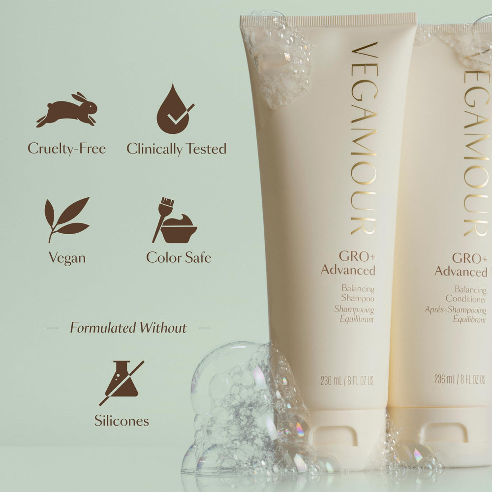 VEGAMOUR GRO+ Sin siliconas, seguro para color y con enfoque vegano.