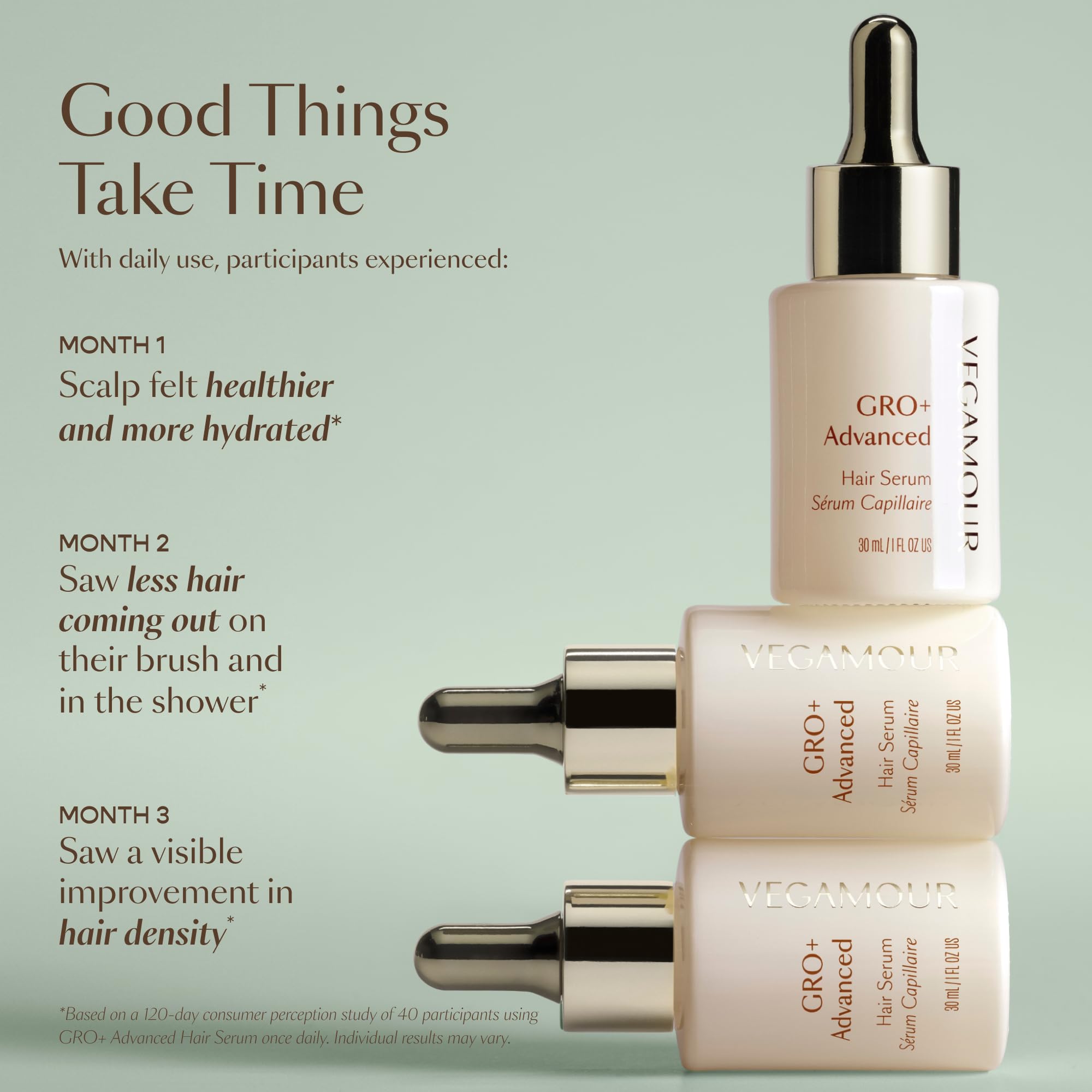 Reducción de caída con GRO+ Serum de VEGAMOUR durante lavado y peinado.