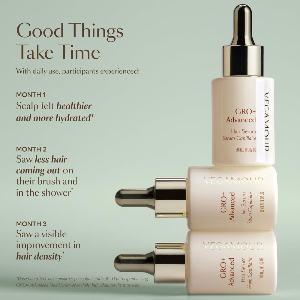 Reducción de caída con GRO+ Serum de VEGAMOUR durante lavado y peinado.