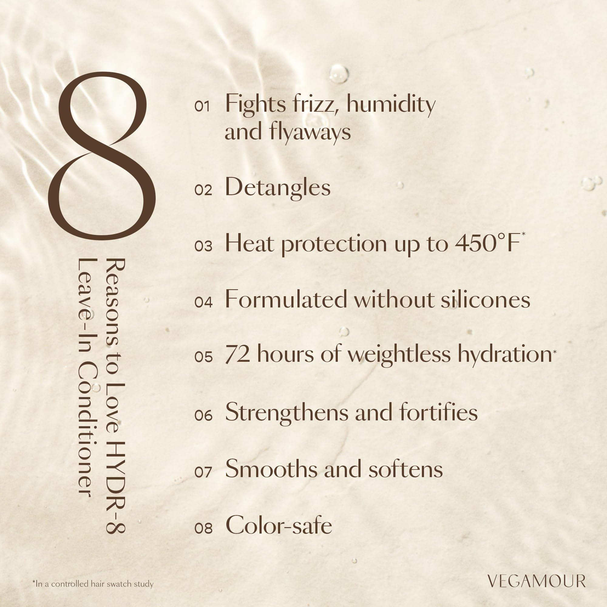 VEGAMOUR HYDR-8: application sur cheveux humides pour démêlage facilité.