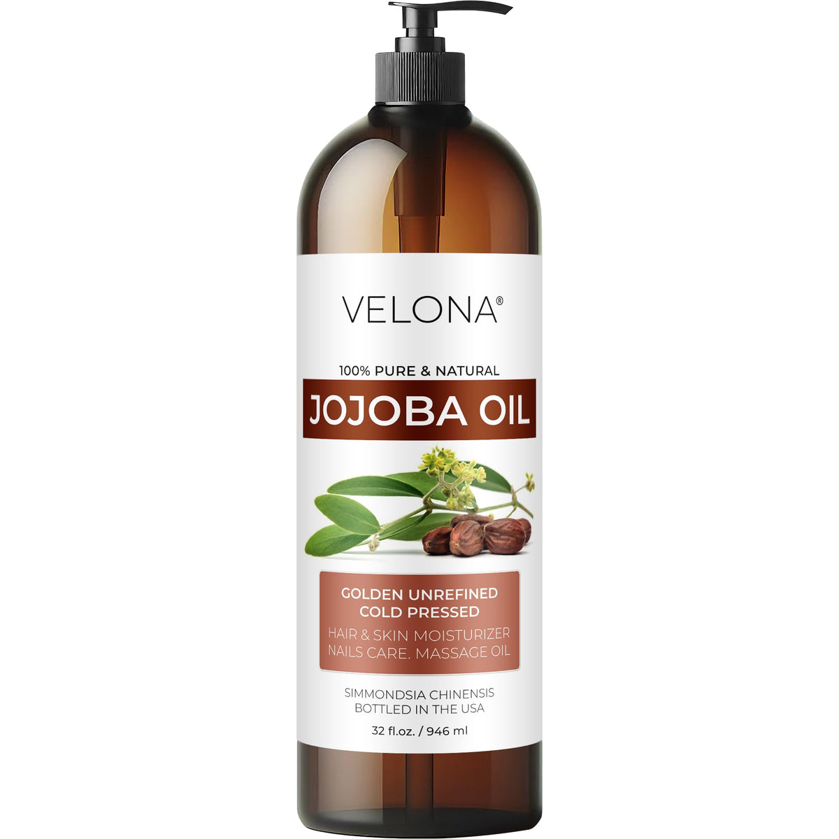 Velona Aceite de Jojoba con bomba, 32 oz, hidratación duradera para piel y cabello.