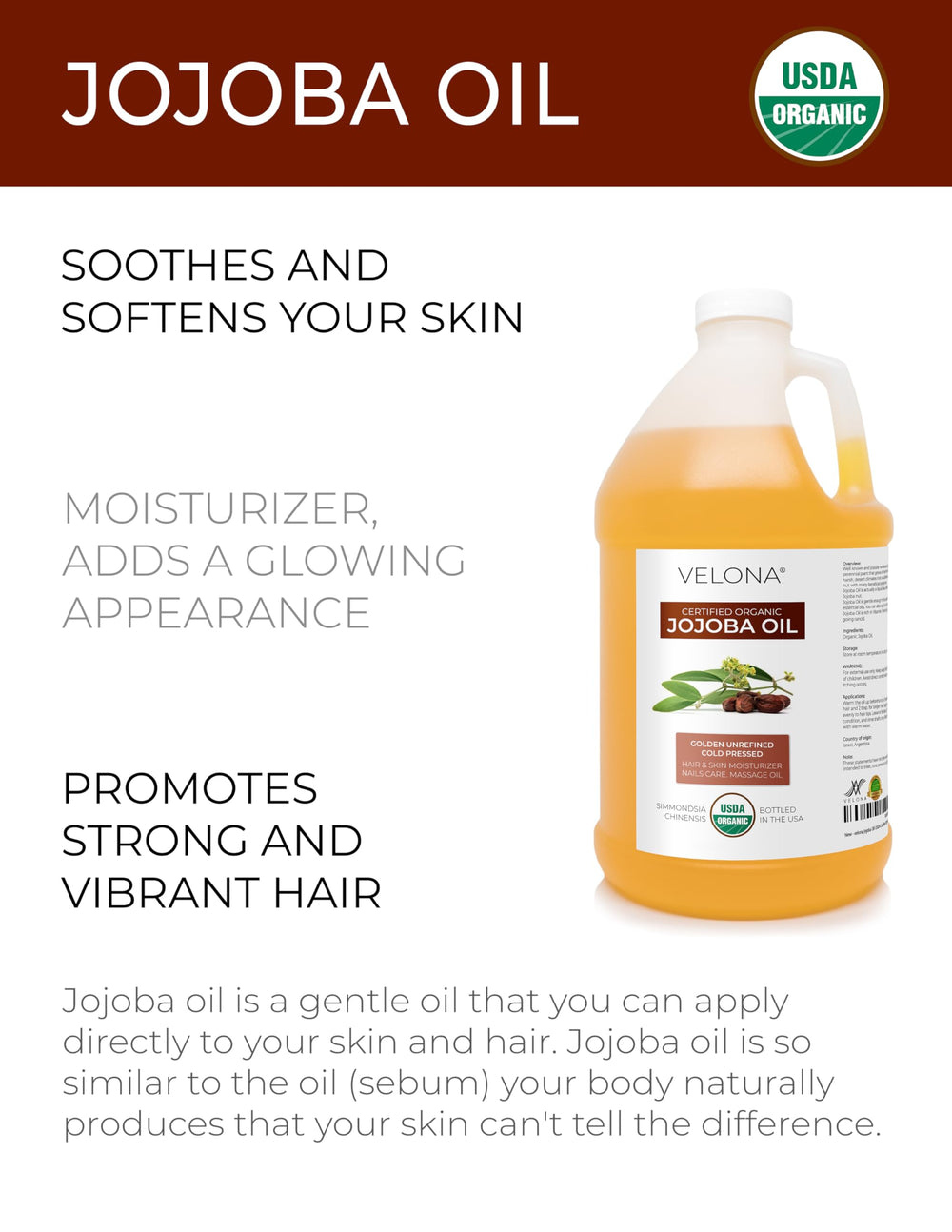Velona Aceite de Jojoba con etiqueta Orgánica USDA que garantiza pureza