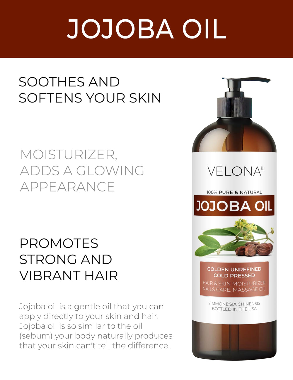 Velona Aceite de Jojoba para cabello, aporta brillo y suavidad.