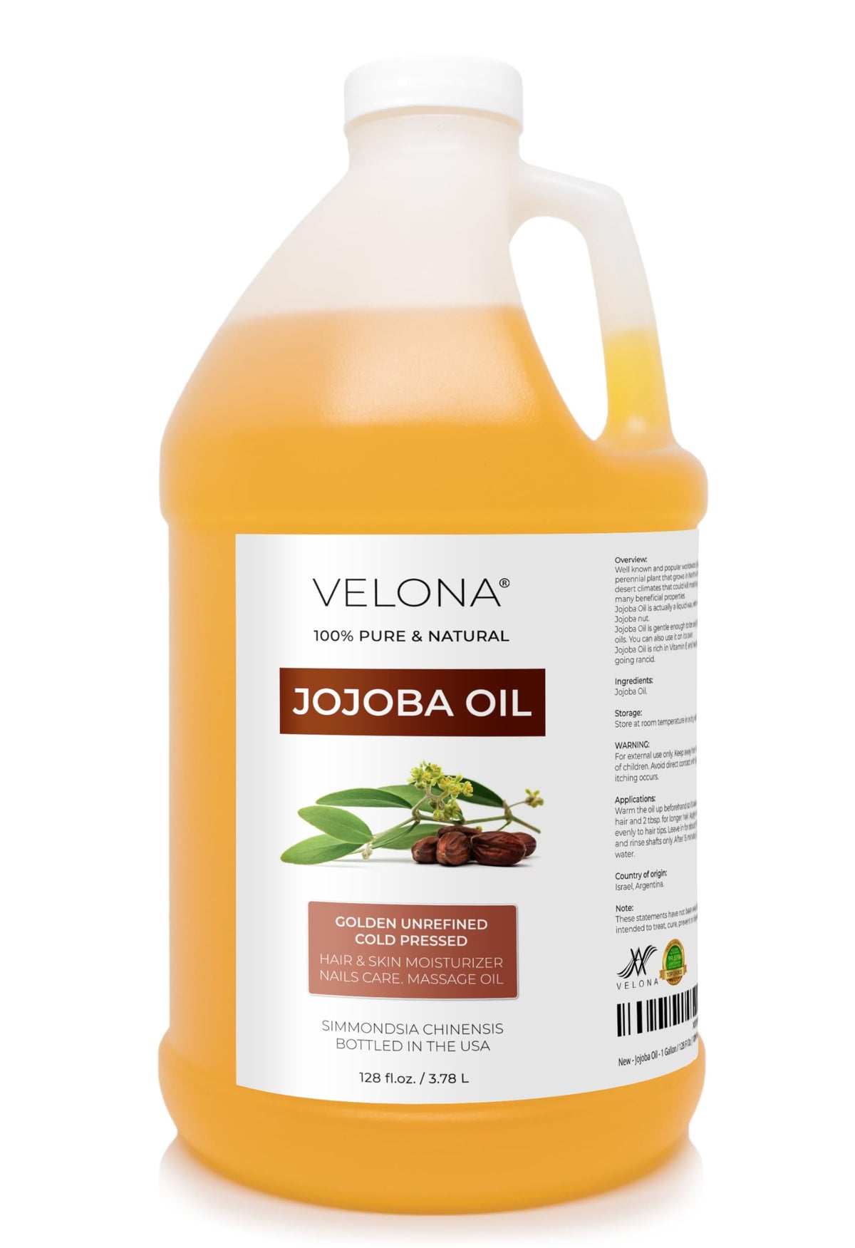 Velona Aceite de Jojoba: botella derramando para hidratar piel y cabello.