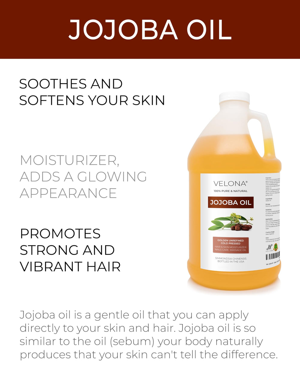 Velona Aceite de Jojoba color dorado, ideal para rostro y cuidado diario.