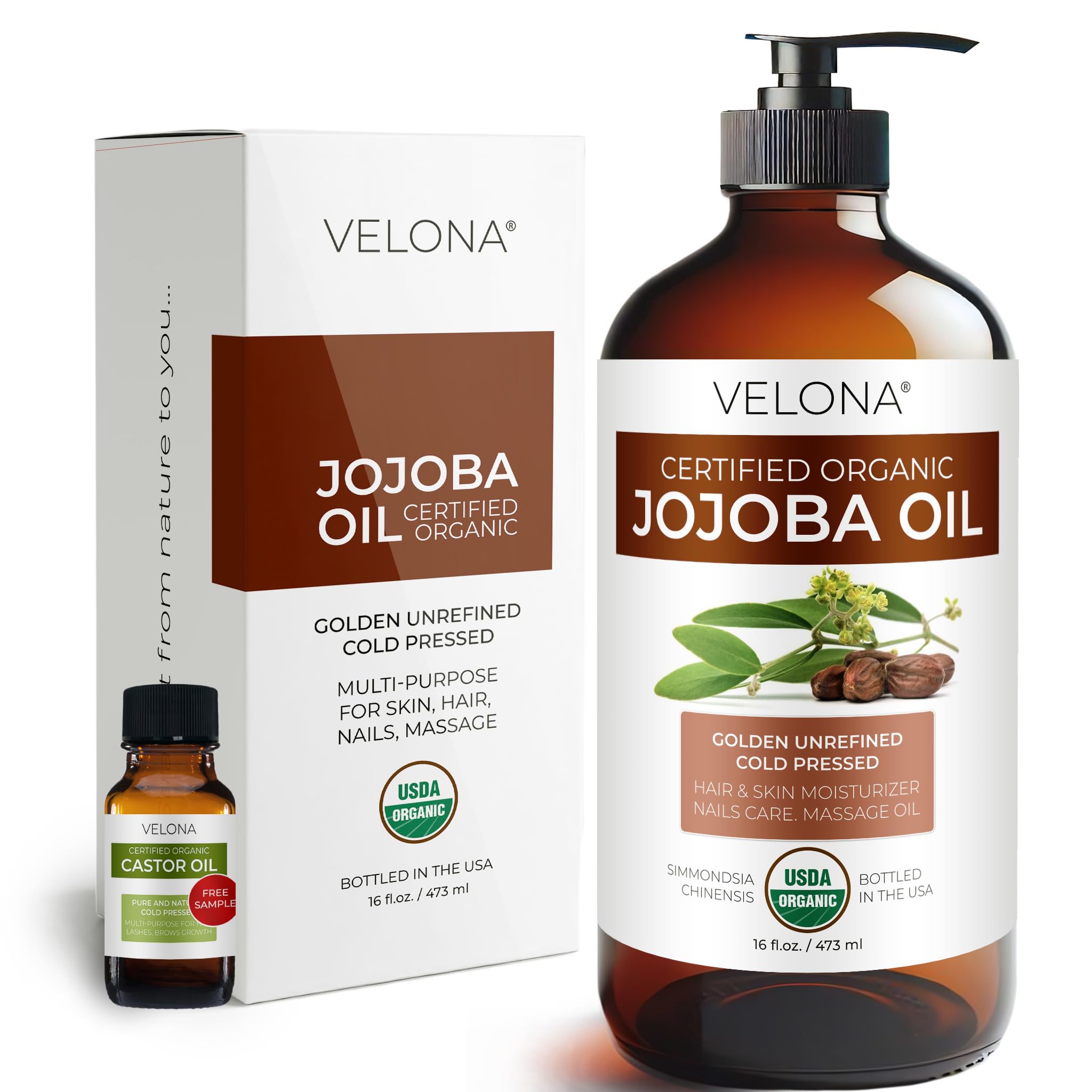 Velona aceite de jojoba orgánico en botella de cristal para cuidado facial