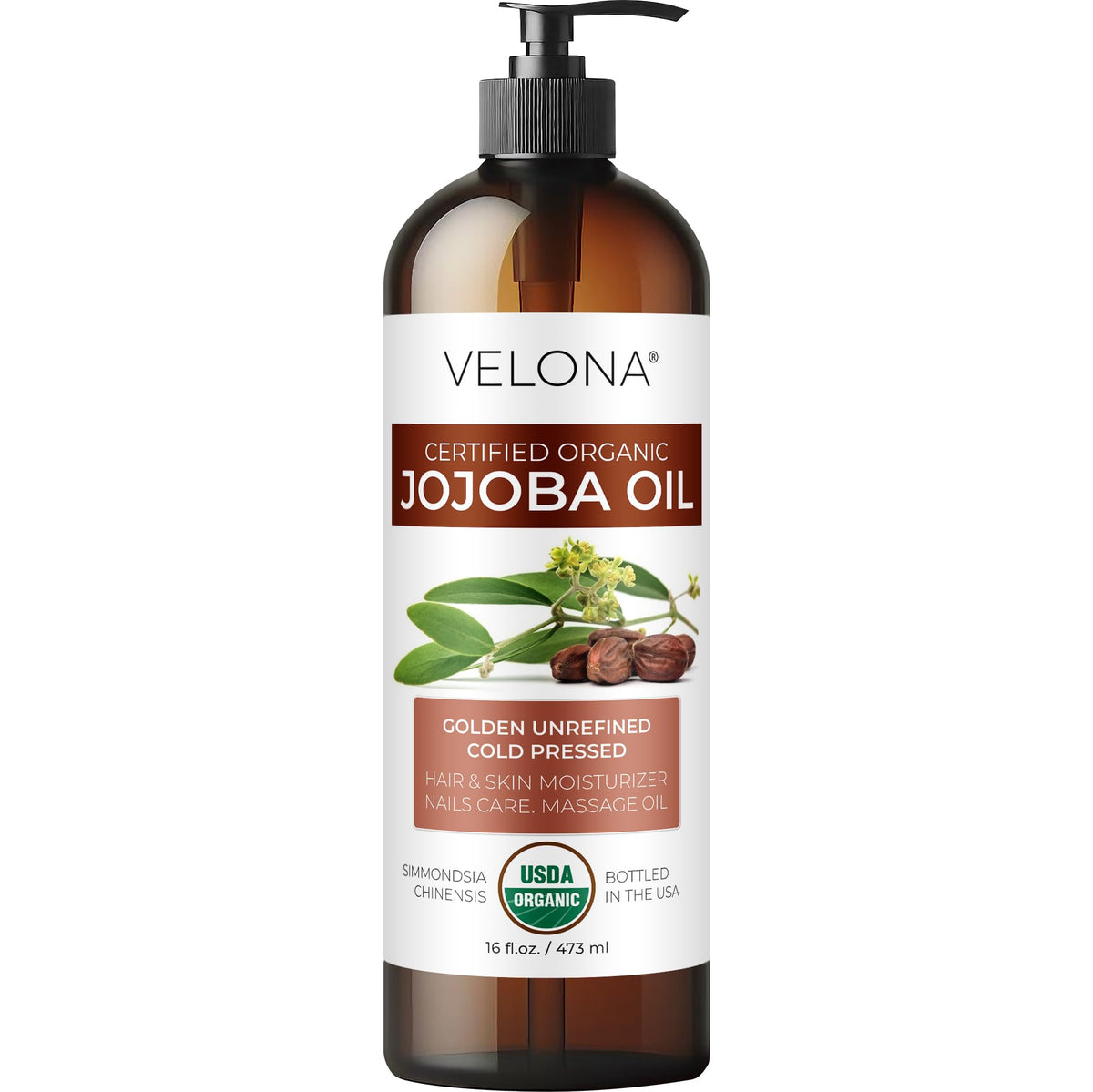 Velona aceite de jojoba orgánico certificado USDA en botella con bomba para uso diario.