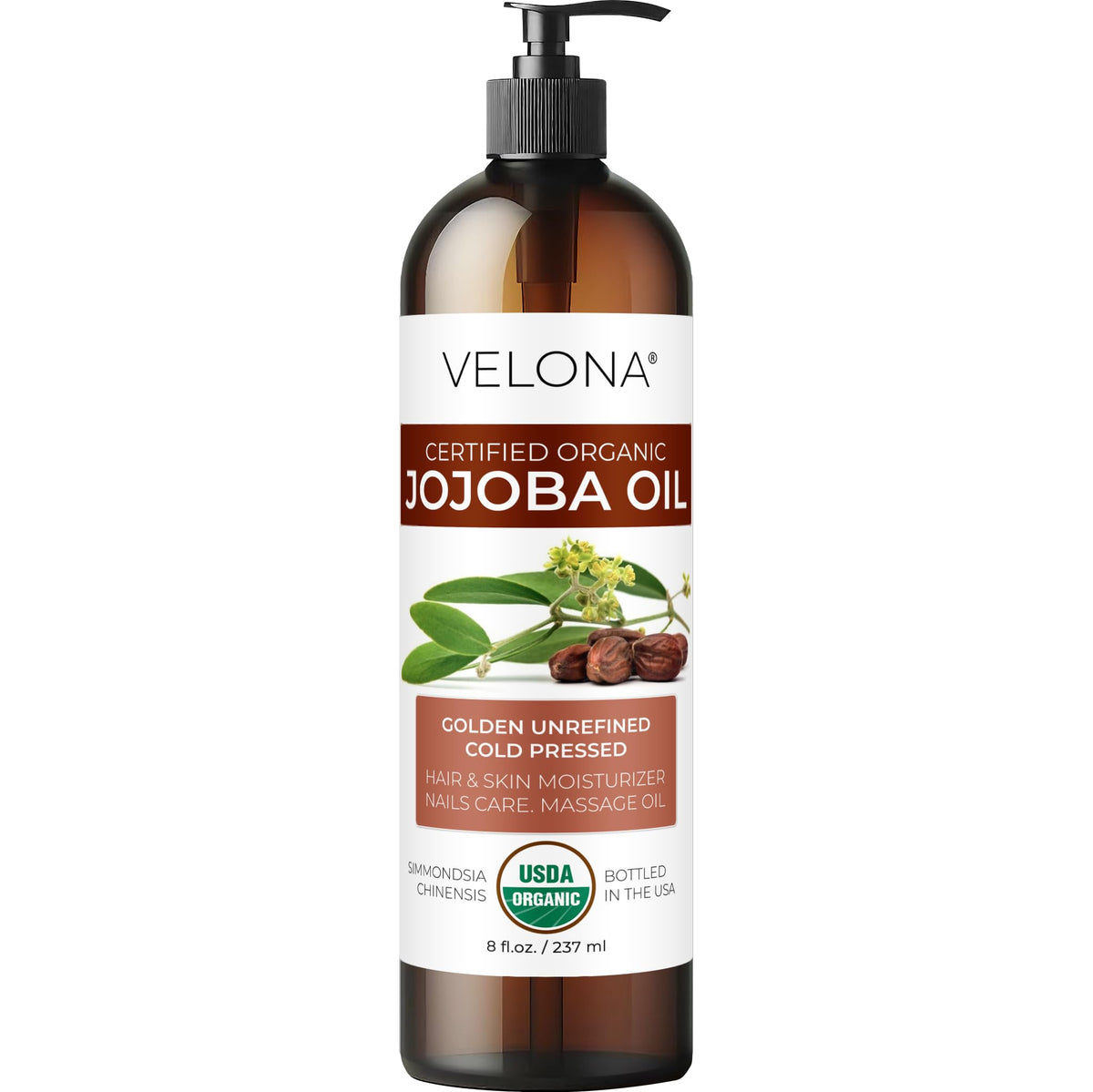 Velona aceite de jojoba orgánico prensado en frío con bomba para hidratación diaria de la piel