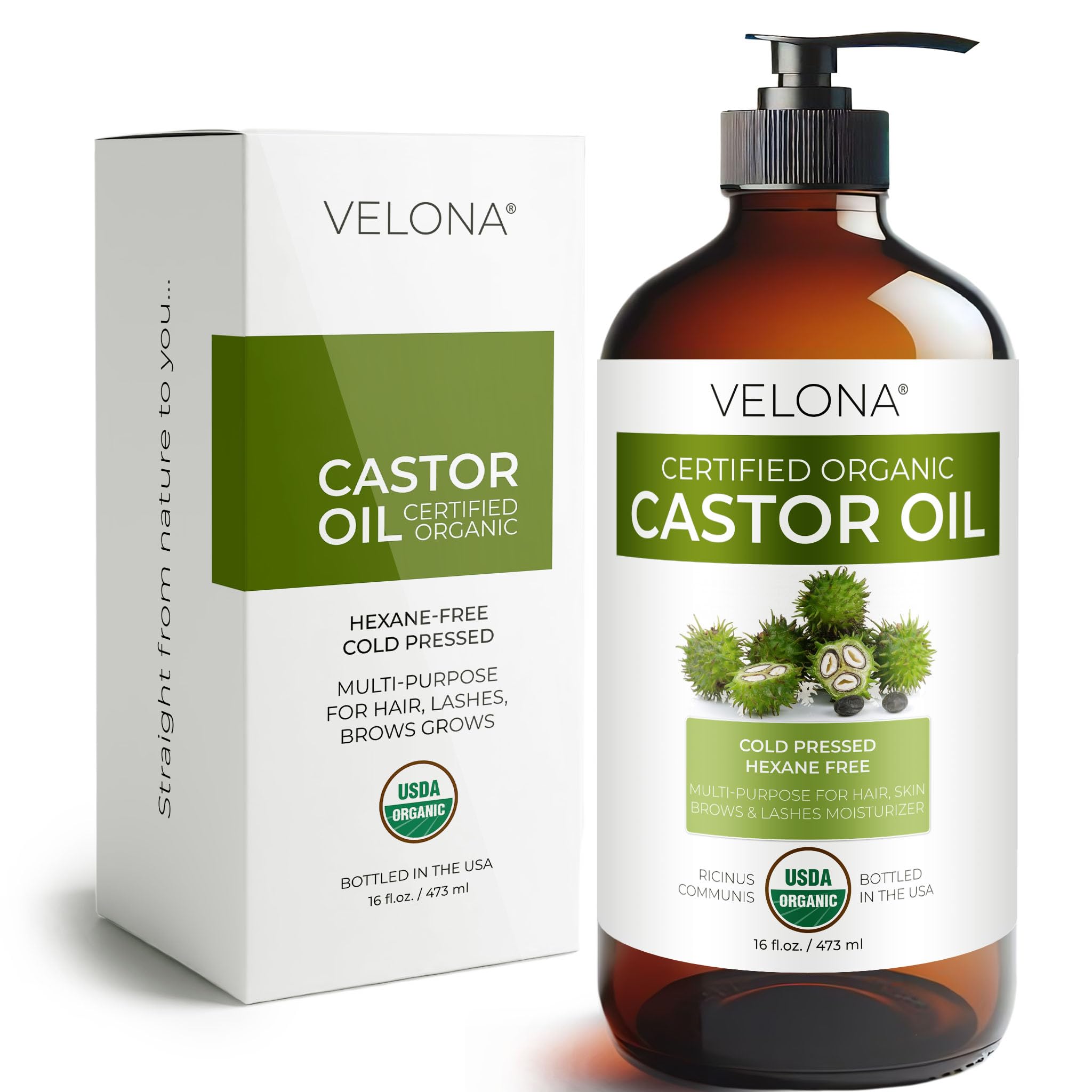 Velona Aceite de Ricino Orgánico en botella de vidrio, nutrición para el cabello.