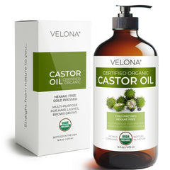 Velona Aceite de Ricino Orgánico en botella de vidrio, nutrición para el cabello.