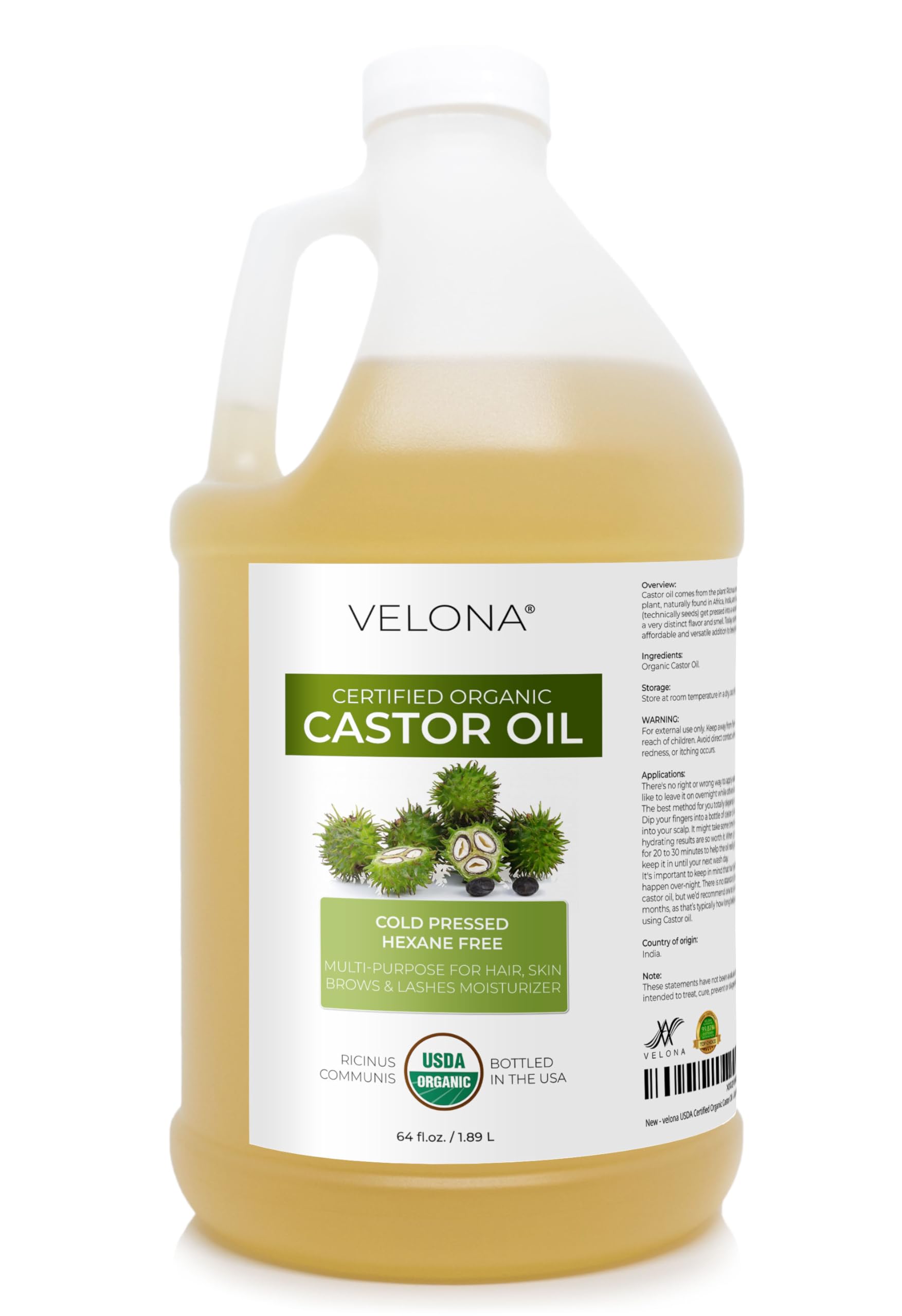 Velona aceite ricino prensado en frío, botella de 64 onzas, brillo y nutrición capilar.