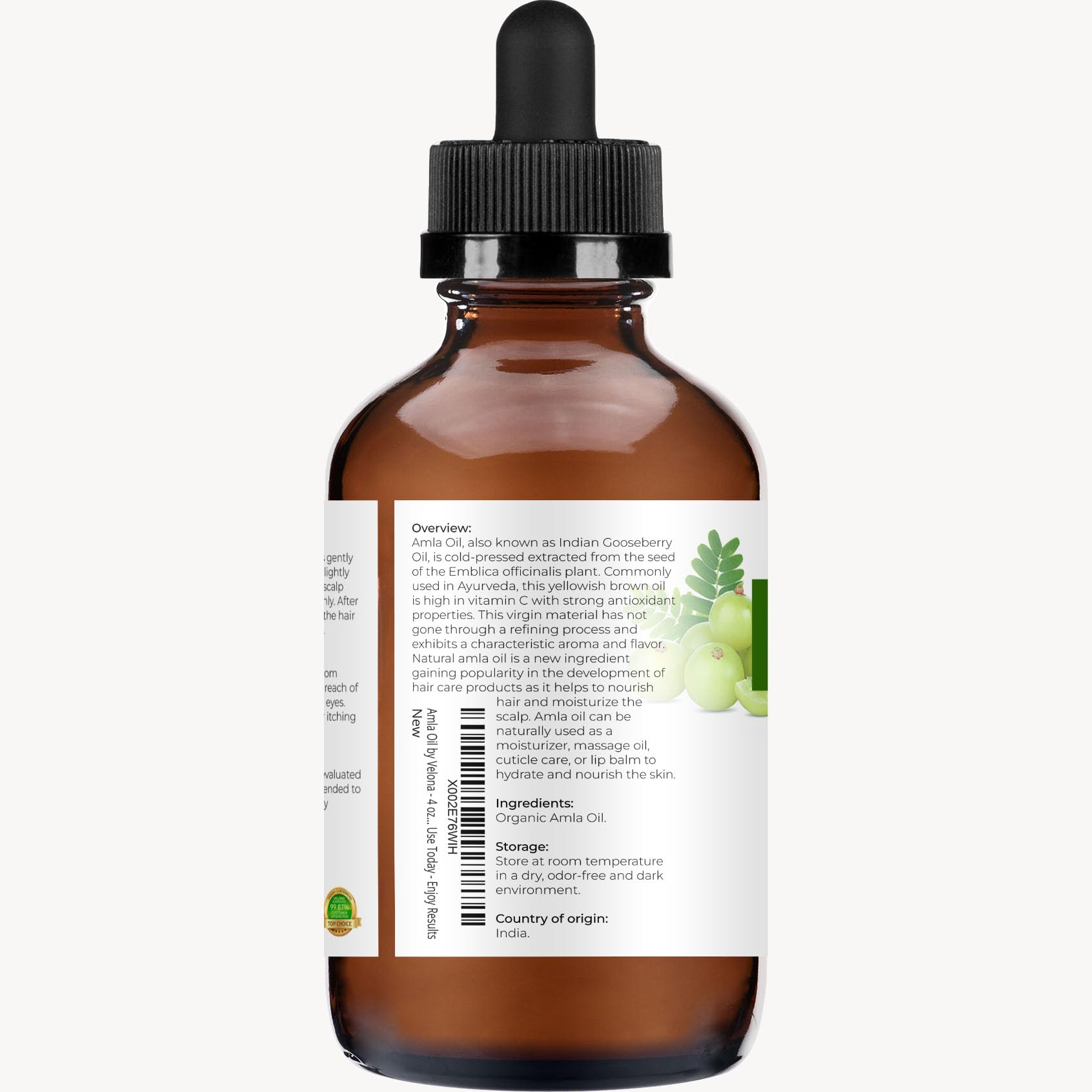 Velona Amla Aceite, envase prensado en frío, ofrece fortaleza capilar.