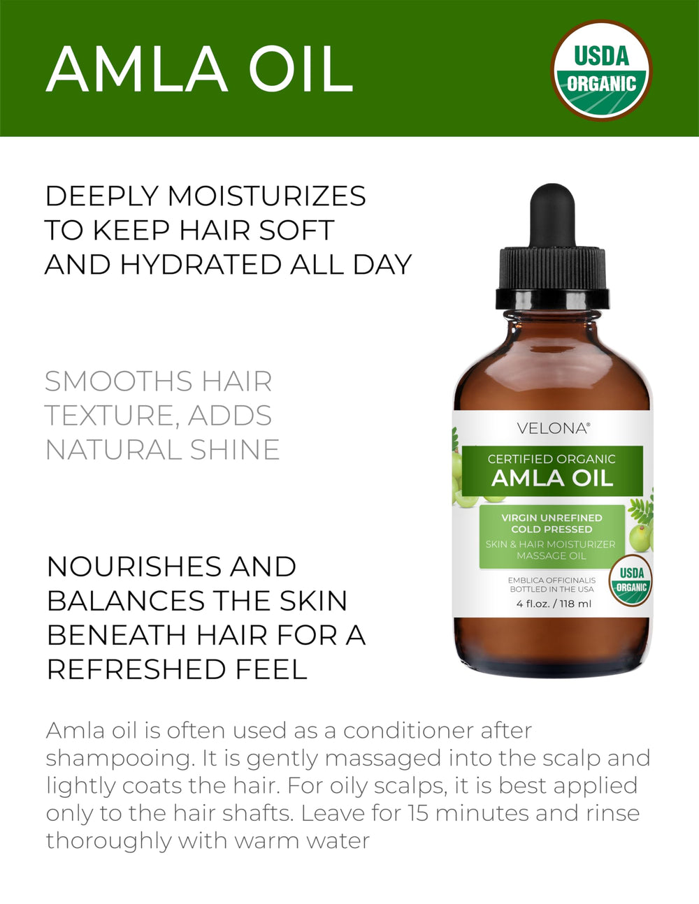 Velona Amla Aceite, envase virgen extra, aporta brillo natural.