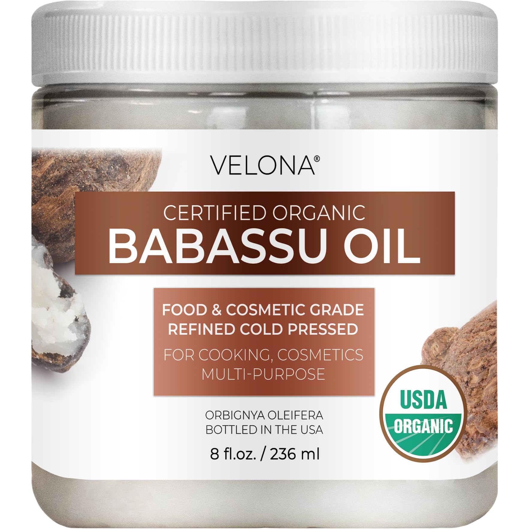 Velona Babassu Oil bottle pour shows pure organic oil for skin and hair care