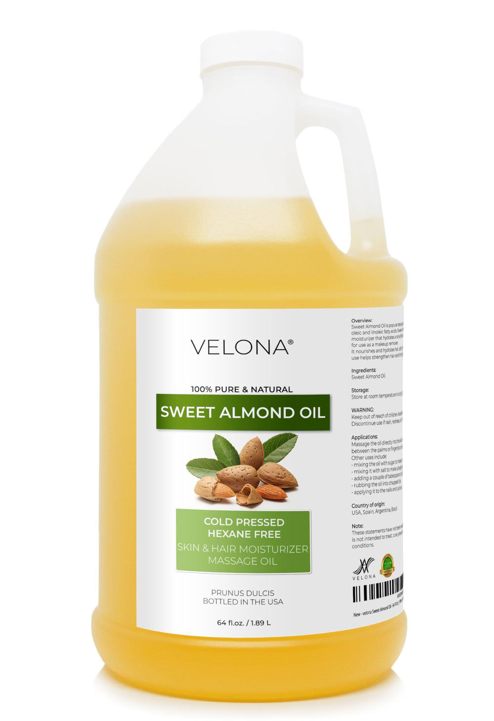 Velona Huile d'Amande Douce - bouteille 1,9 litre, hydratation peau et cheveux