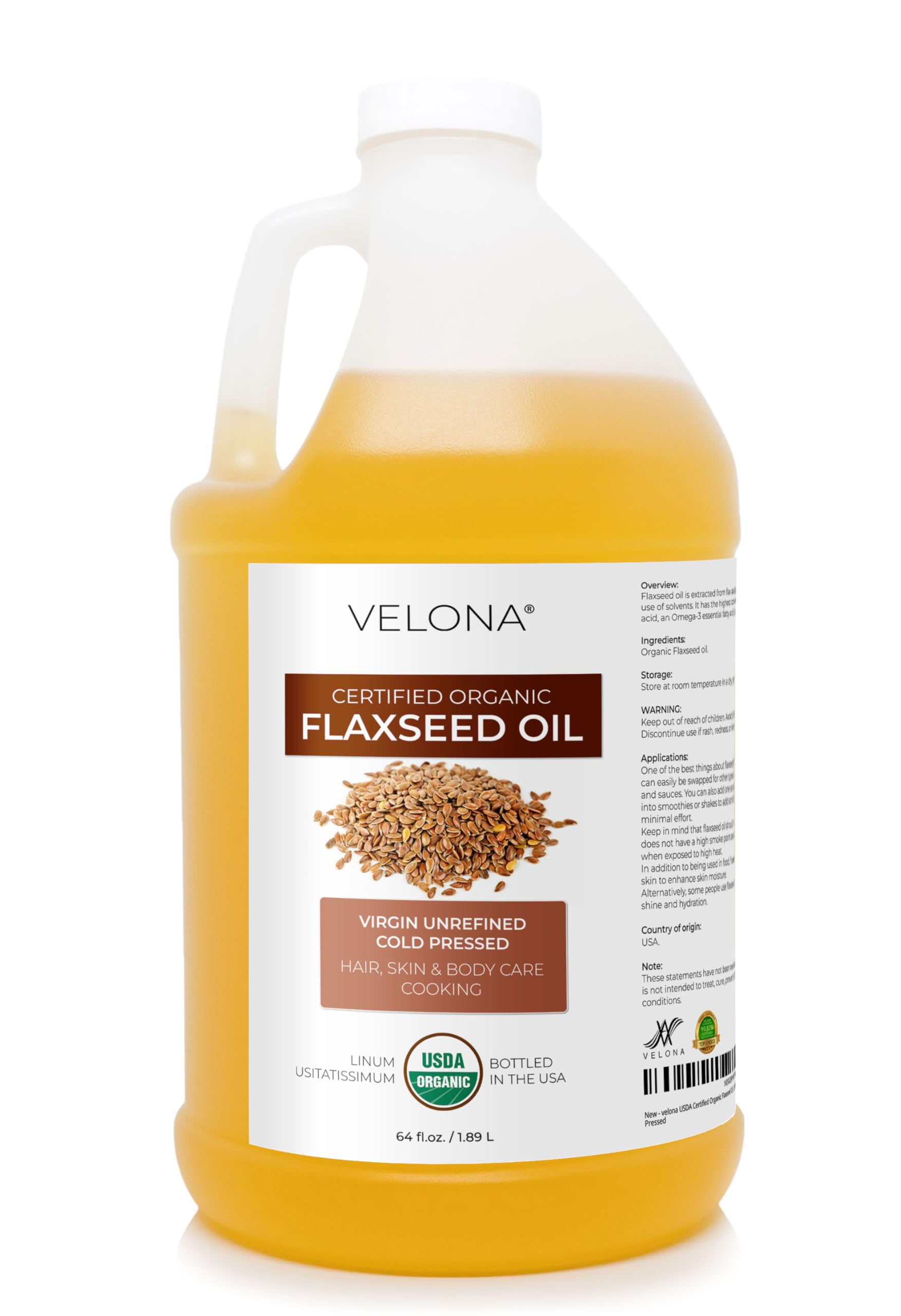 Velona huile de lin bio en bouteille 64oz, soin peau et hydratation.