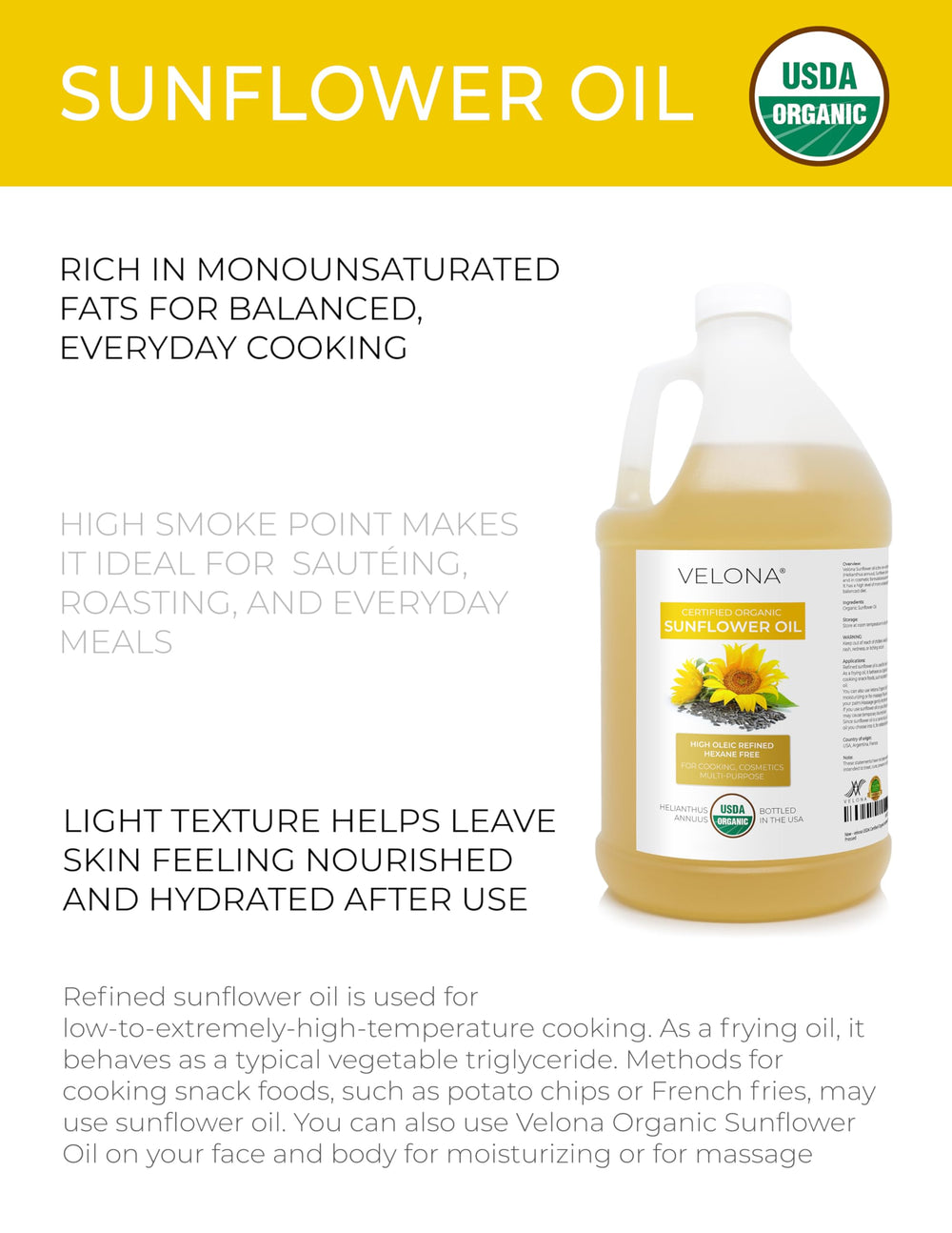 Velona huile tournesol etiquette certifie bio — pure et naturelle pour cuisine et soin.