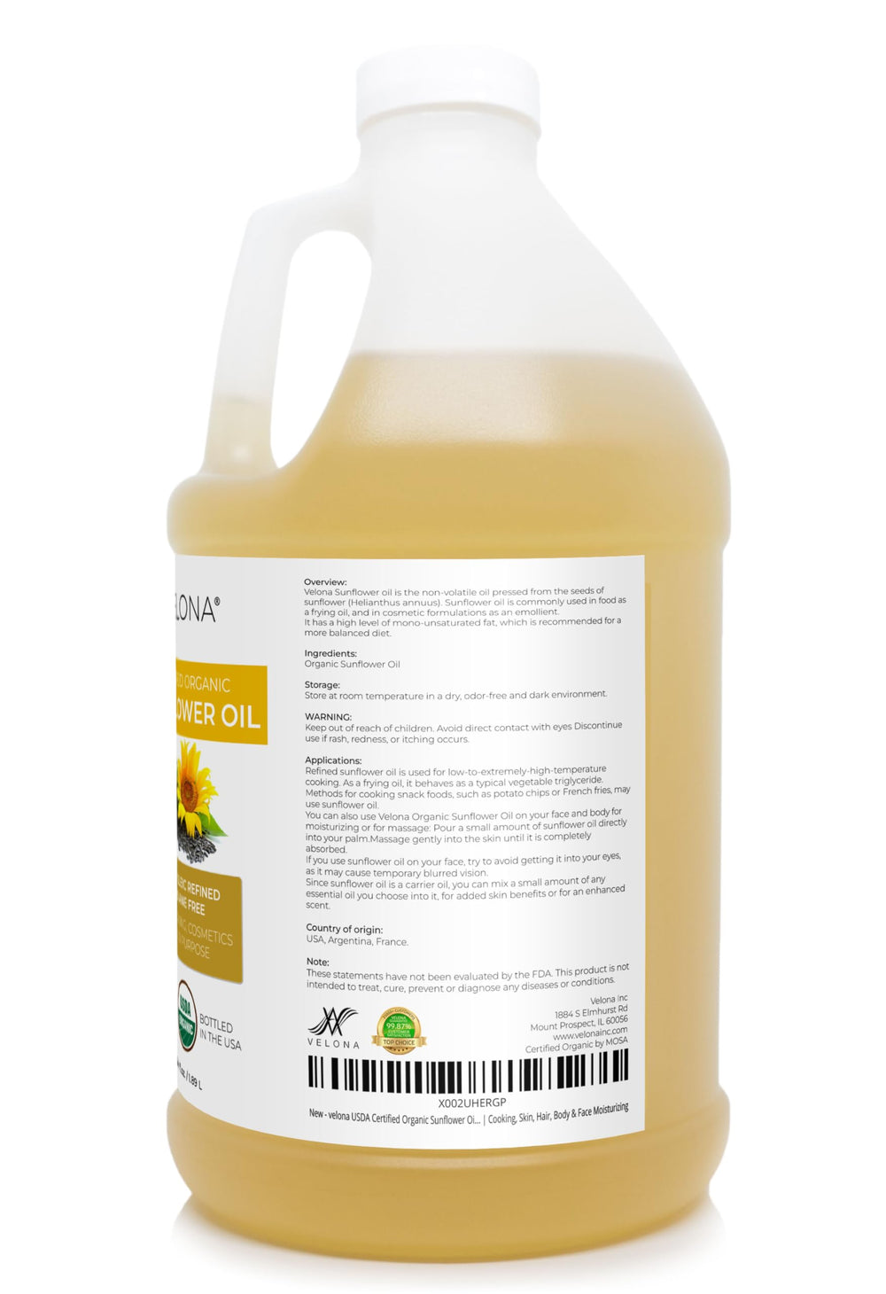 Velona huile tournesol versement douce — facile à verser pour cuisson et mélanges cosmétiques.